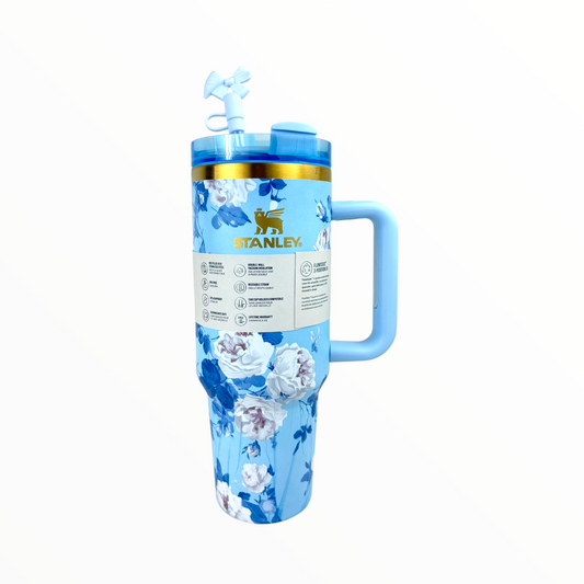 Stanley Quencher Blue Floral Edition – 1.2L Stainless Steel Insulated Tumbler with Handle & Straw (Elegant Flower Design)