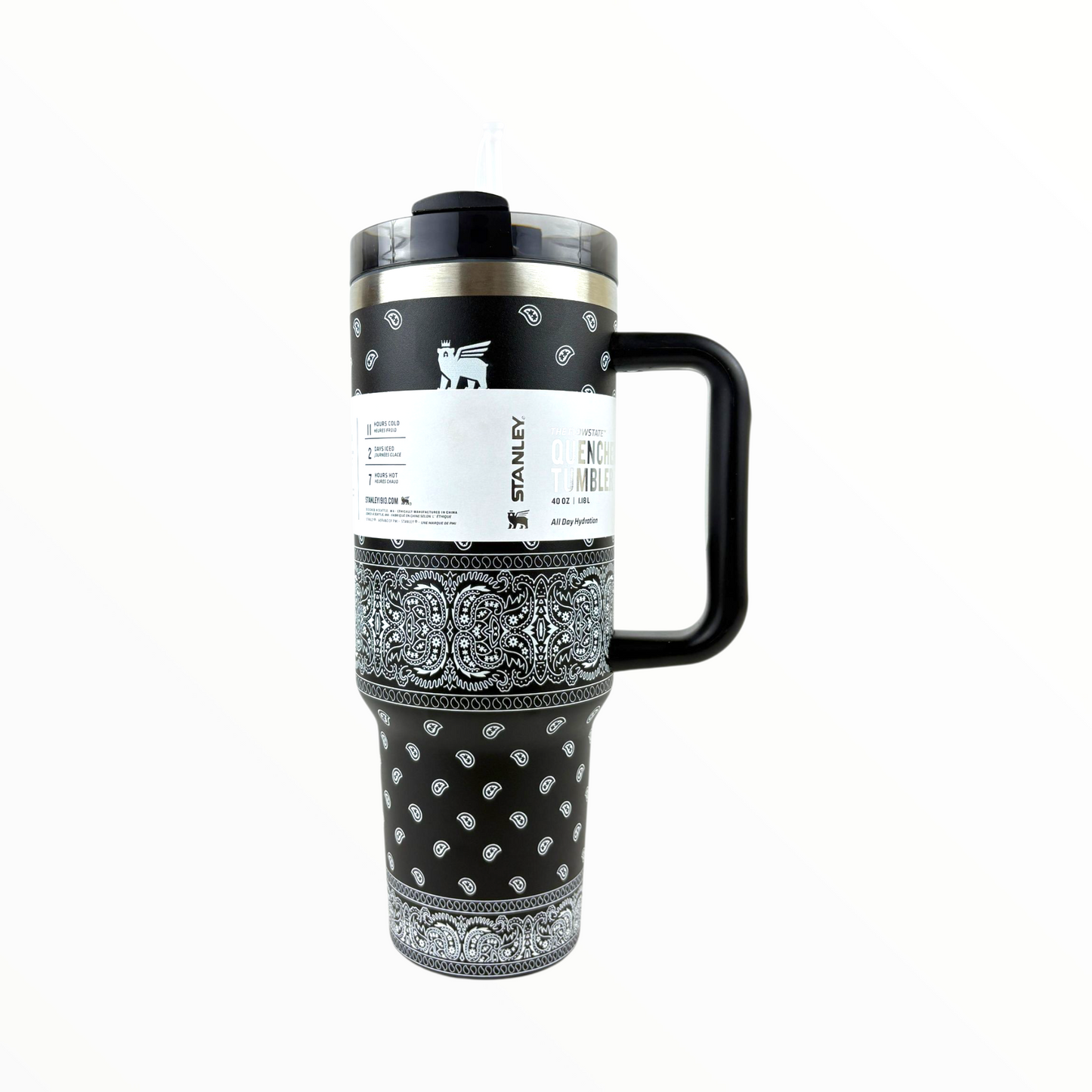 Stanley Quencher Bandana Edition – 1.2L Stainless Steel Insulated Tumbler with Handle & Straw (Black Pattern)