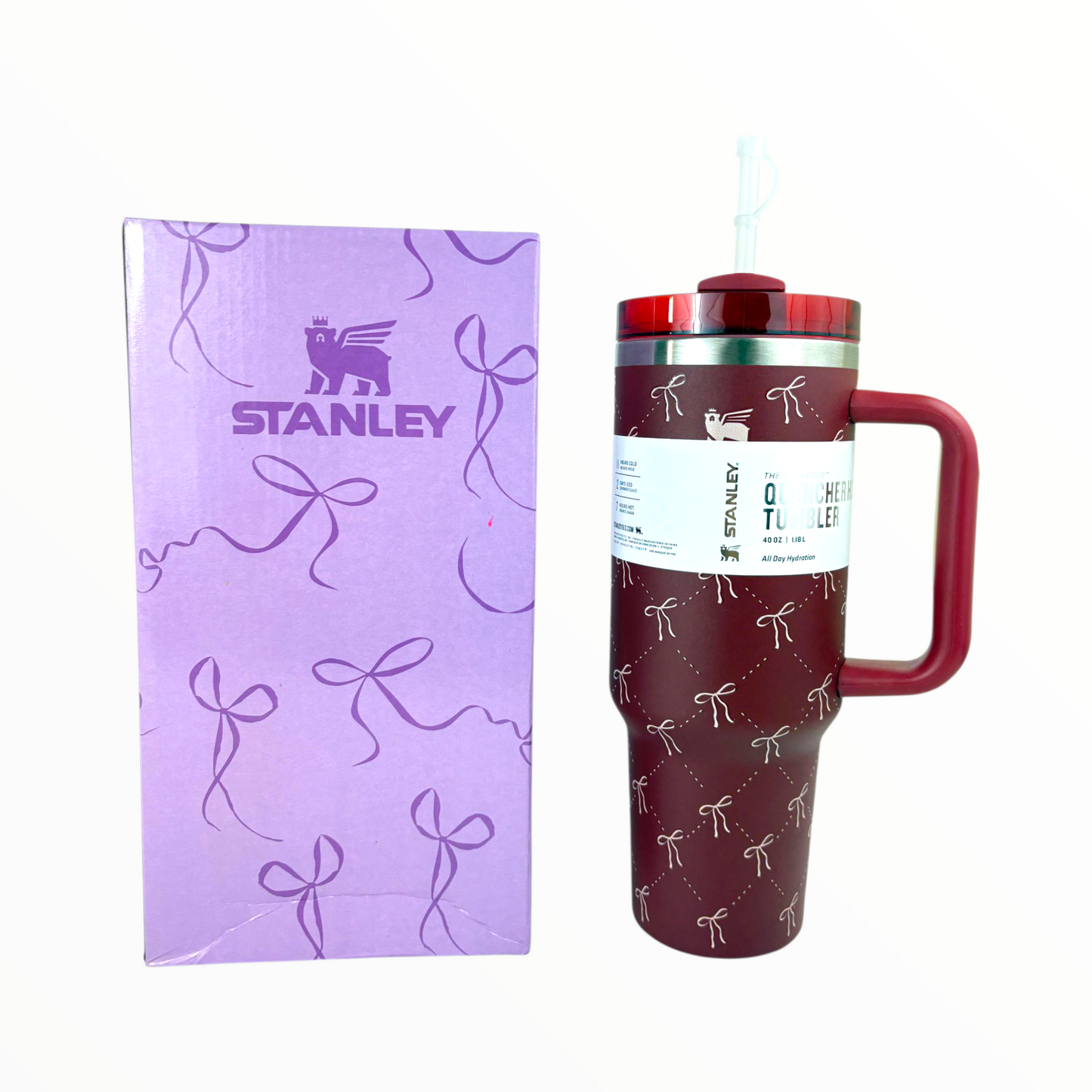Stanley Quencher Maroon Bow Edition – 1.2L Stainless Steel Insulated Tumbler with Handle & Straw (Elegant Ribbon Design)