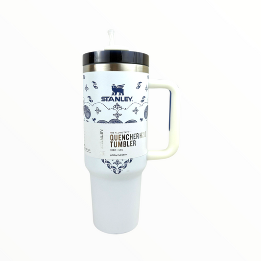 Stanley Quencher White Bandana Edition – 1.2L Stainless Steel Insulated Tumbler with Handle & Straw (Blue Paisley Design)