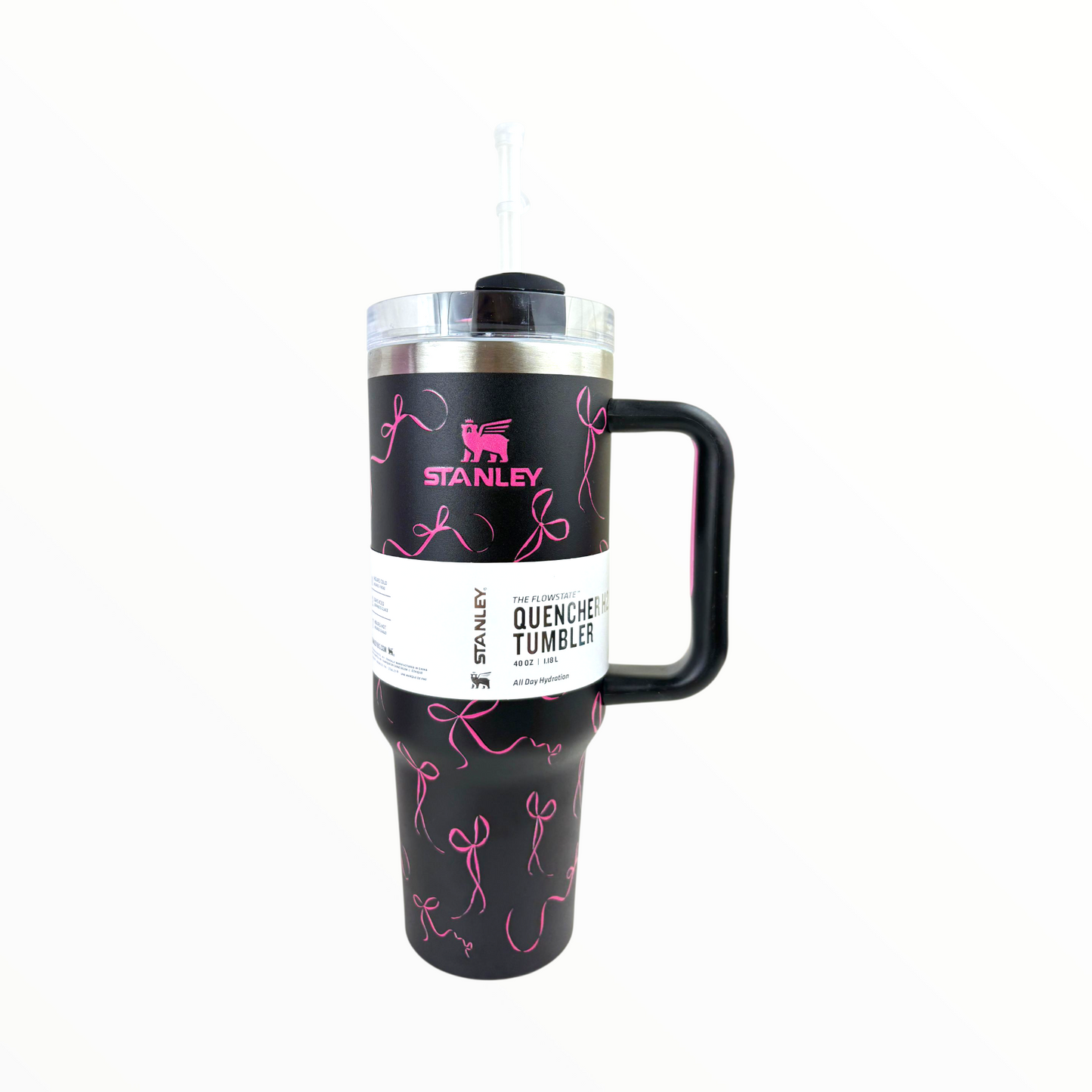 Stanley Quencher Pink Ribbon Edition – 1.2L Stainless Steel Insulated Tumbler with Handle & Straw (Black & Pink Design)