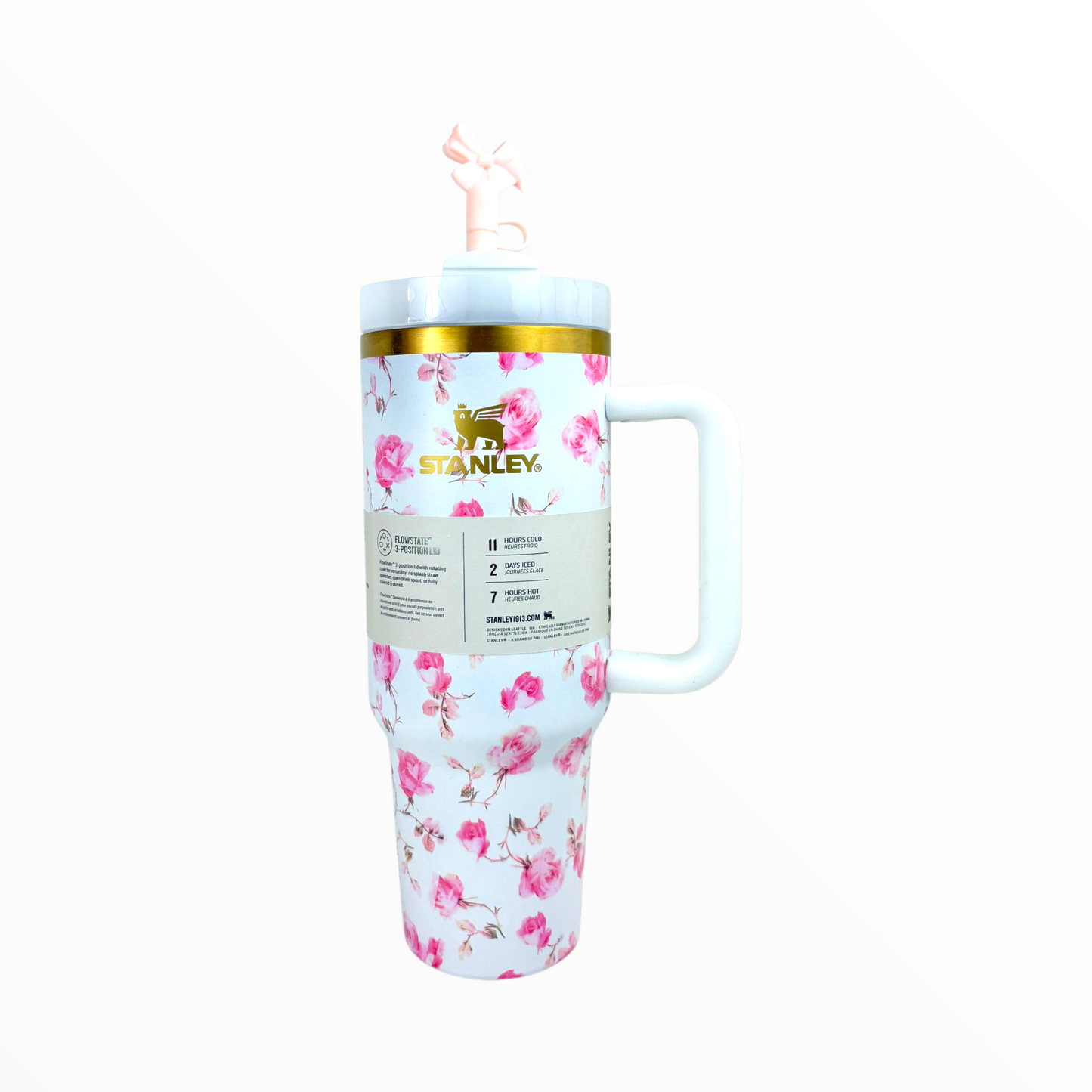 Stanley Quencher Floral Rose Edition – 1.2L Stainless Steel Insulated Tumbler with Handle & Straw (Romantic Flower Design)