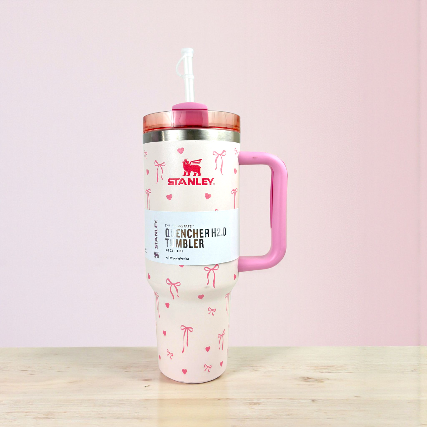Stanley Quencher Pink Hearts Edition – 1.2L Stainless Steel Insulated Tumbler with Handle & Straw (Romantic Design)