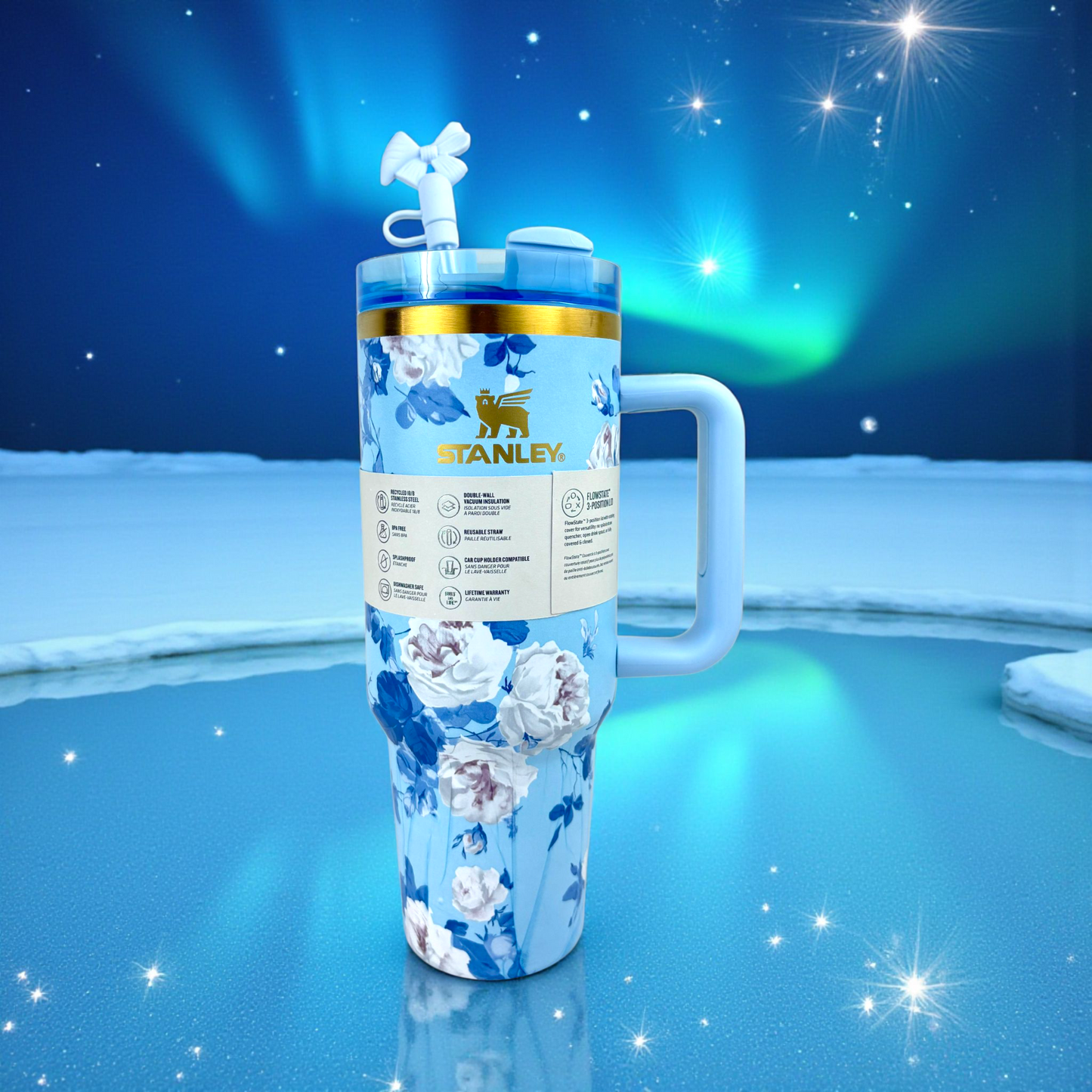 Stanley Quencher Blue Floral Edition – 1.2L Stainless Steel Insulated Tumbler with Handle & Straw (Elegant Flower Design)