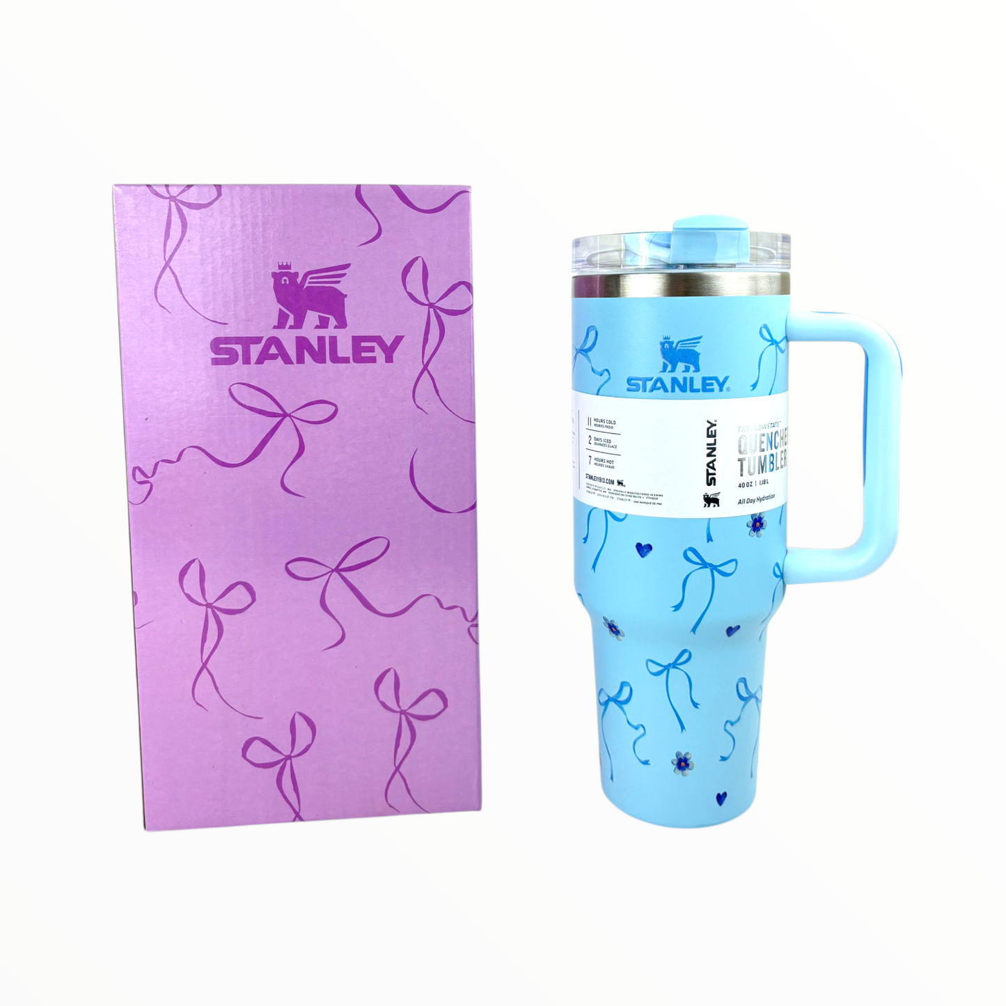 Stanley Quencher Blue Ribbon Edition – 1.2L Stainless Steel Insulated Tumbler with Handle & Straw (Cute Bow Design)