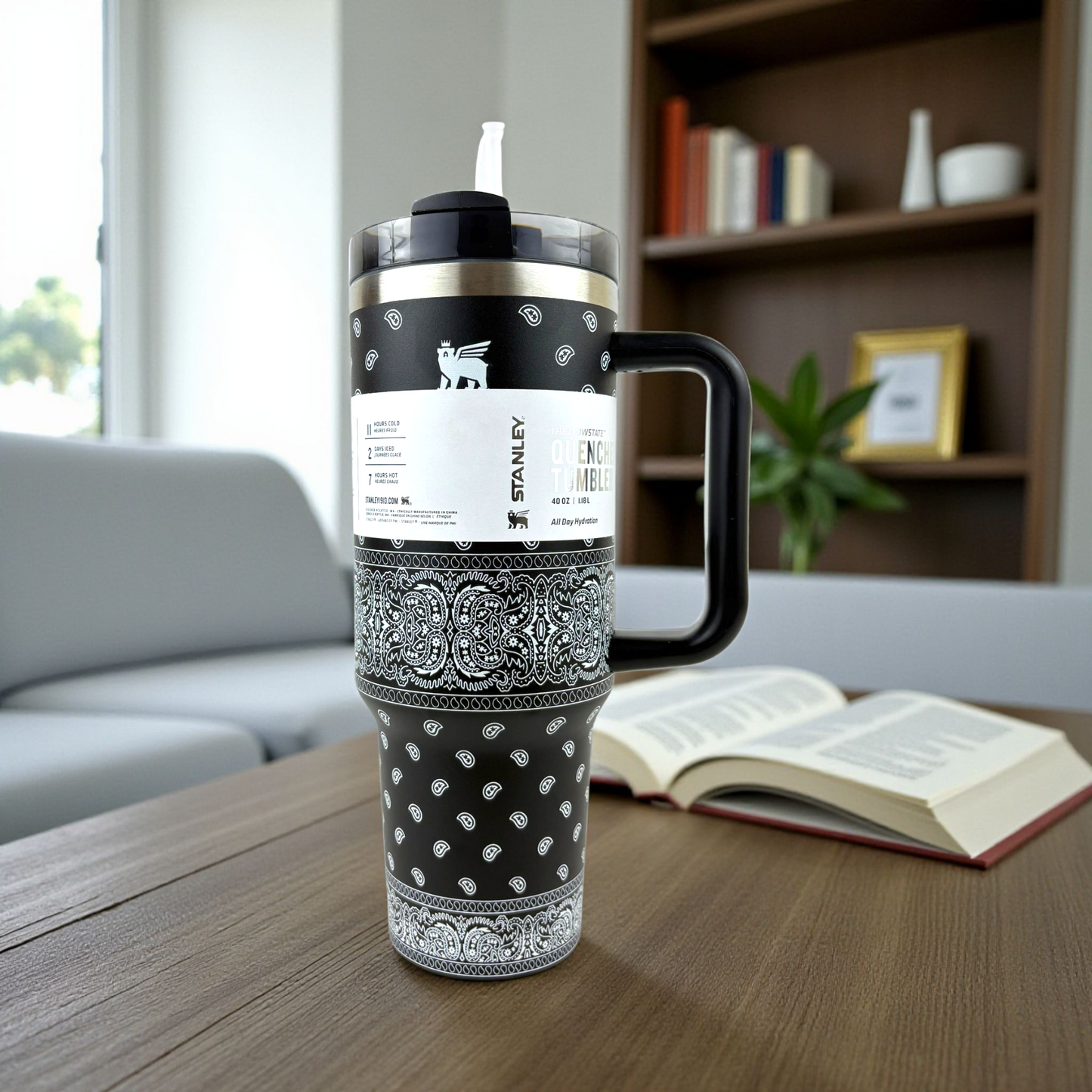 Stanley Quencher Bandana Edition – 1.2L Stainless Steel Insulated Tumbler with Handle & Straw (Black Pattern)