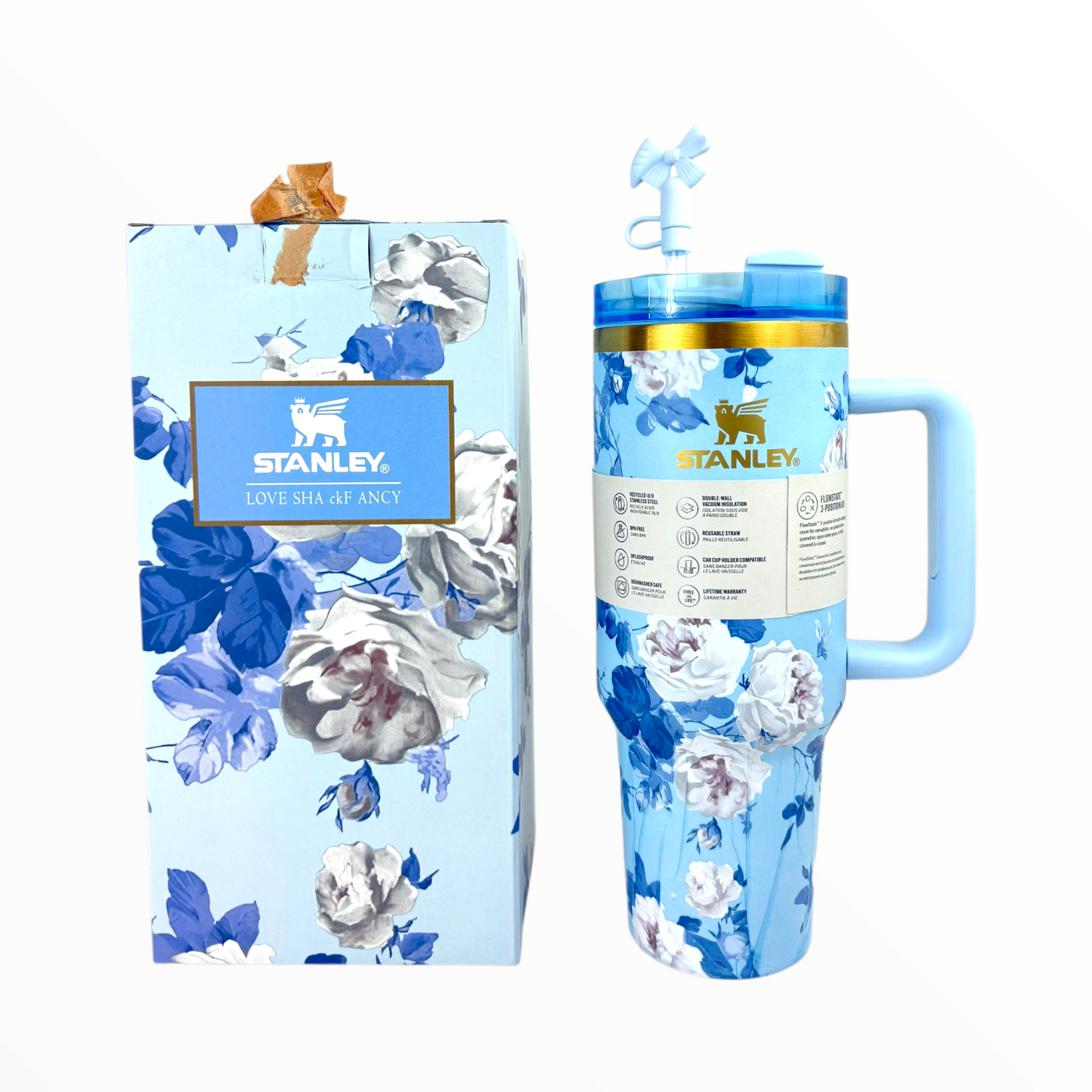 Stanley Quencher Blue Floral Edition – 1.2L Stainless Steel Insulated Tumbler with Handle & Straw (Elegant Flower Design)