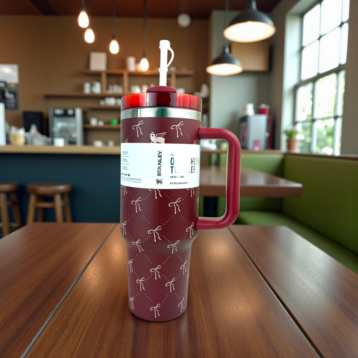 Stanley Quencher Maroon Bow Edition – 1.2L Stainless Steel Insulated Tumbler with Handle & Straw (Elegant Ribbon Design)