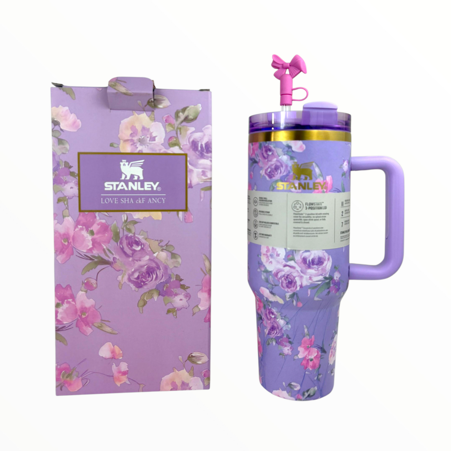 Stanley Quencher Purple Floral Edition – 1.2L Stainless Steel Insulated Tumbler with Handle & Straw (Elegant Flower Design)