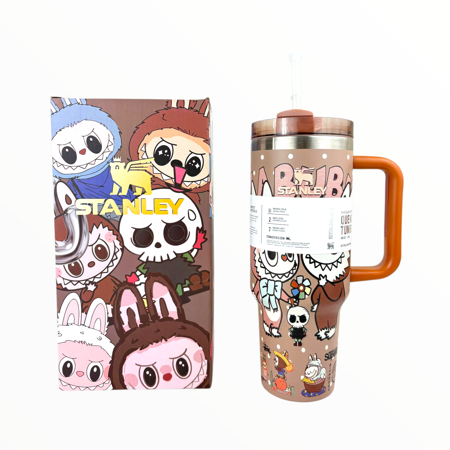 Stanley Quencher Labubu Brown Edition – 1.2L Stainless Steel Insulated Tumbler with Handle & Straw (Cute Cartoon Design)