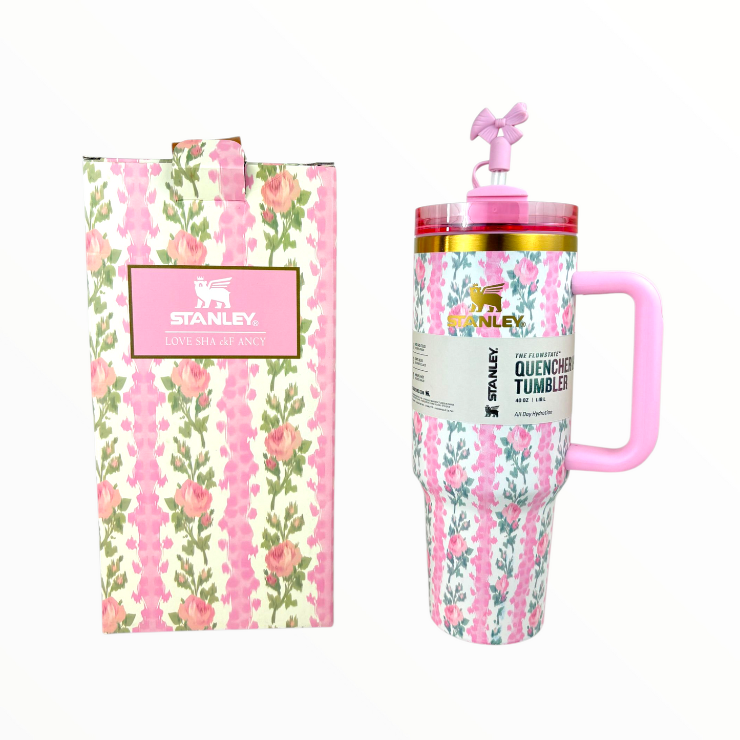 Stanley Quencher Tumbler – 1.2L Floral Pink Stainless Steel Insulated Mug with Handle & Straw