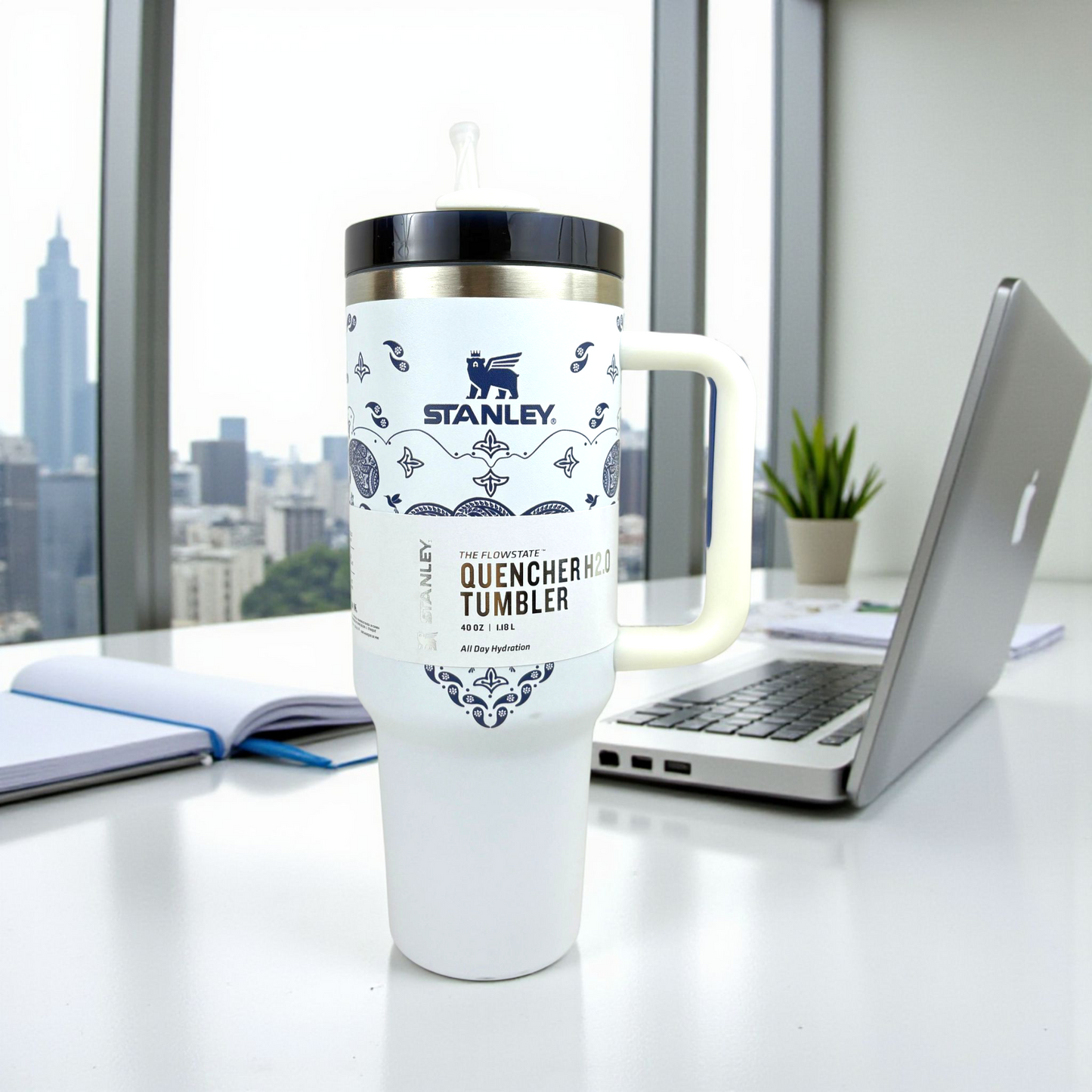 Stanley Quencher White Bandana Edition – 1.2L Stainless Steel Insulated Tumbler with Handle & Straw (Blue Paisley Design)