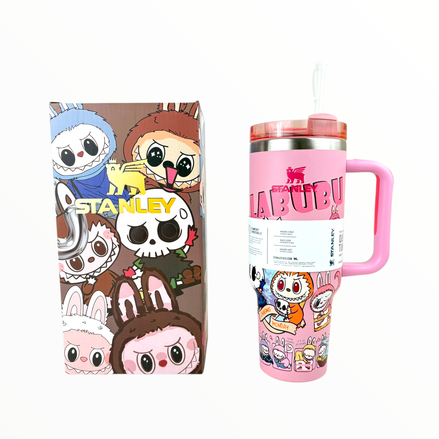 Stanley Quencher Pink Labubu Edition – 1.2L Stainless Steel Insulated Tumbler with Handle & Straw (Cartoon Style)