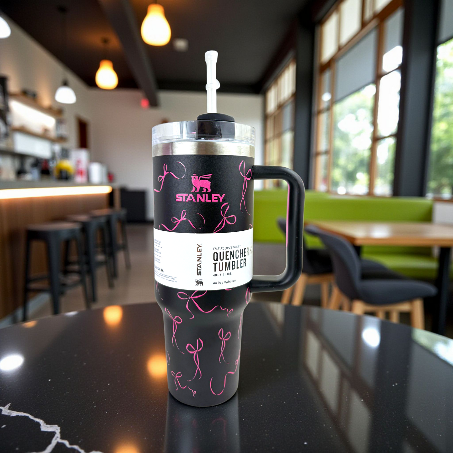 Stanley Quencher Pink Ribbon Edition – 1.2L Stainless Steel Insulated Tumbler with Handle & Straw (Black & Pink Design)