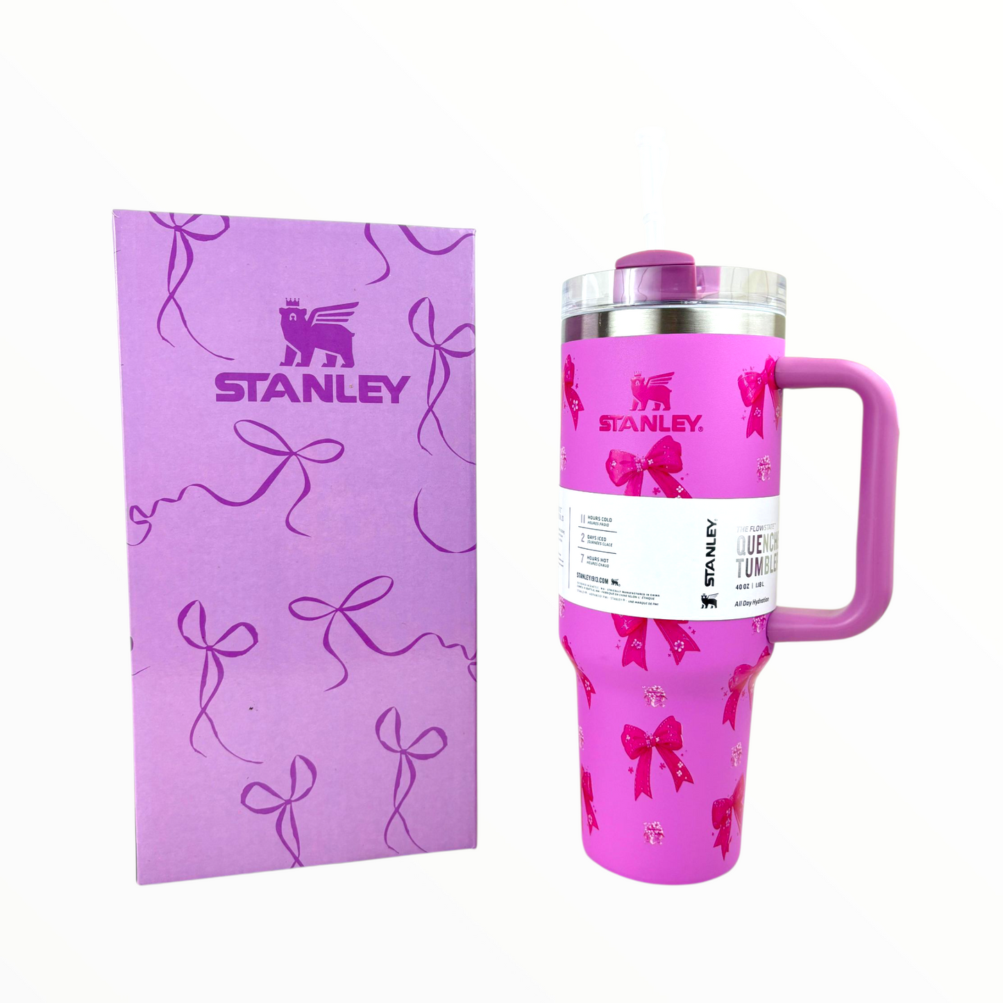Stanley Quencher Pink Bow Edition – 1.2L Stainless Steel Insulated Tumbler with Handle & Straw (Girly Gift Design)