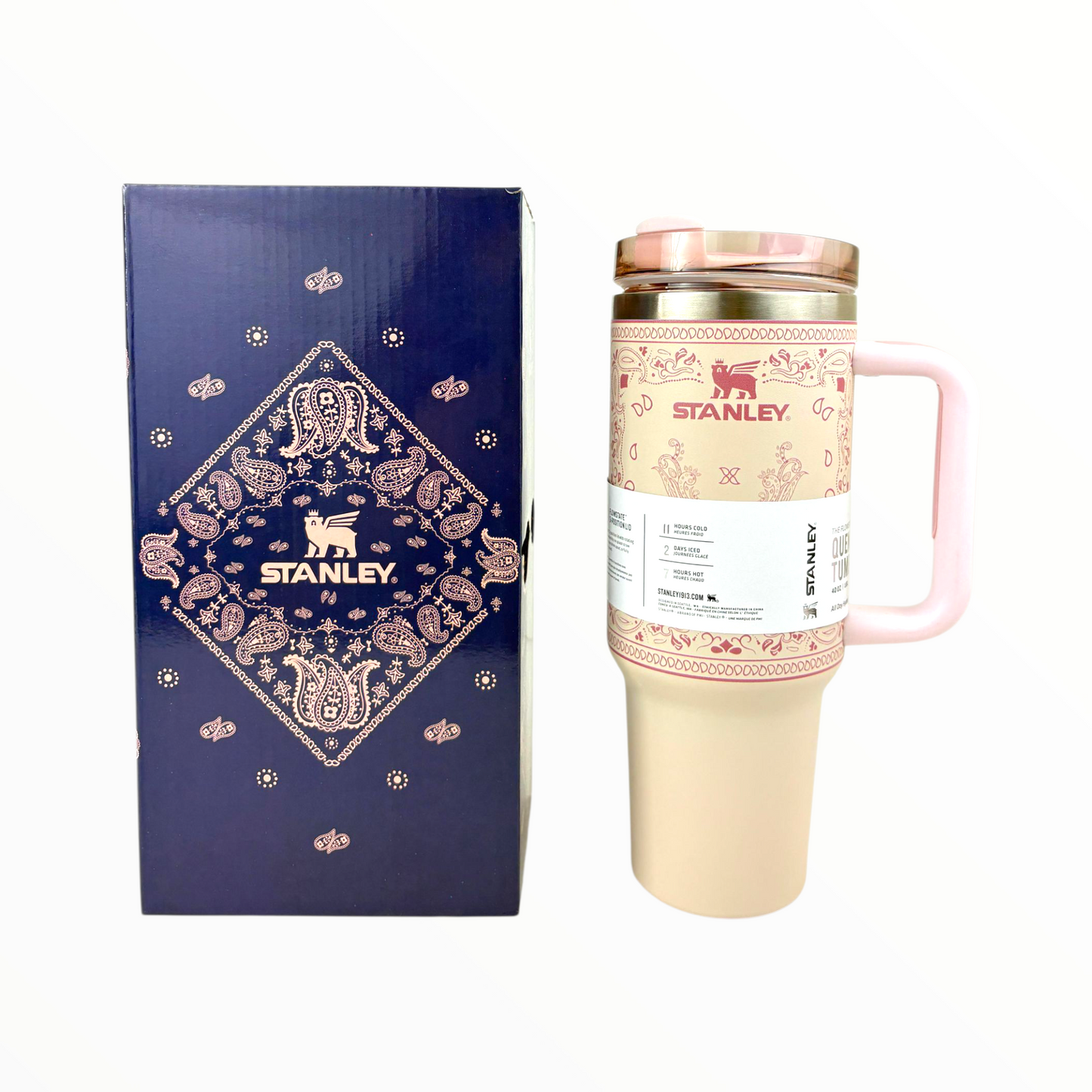 Stanley Quencher Beige Bandana Edition – 1.2L Stainless Steel Insulated Tumbler with Handle & Straw (Paisley Design)
