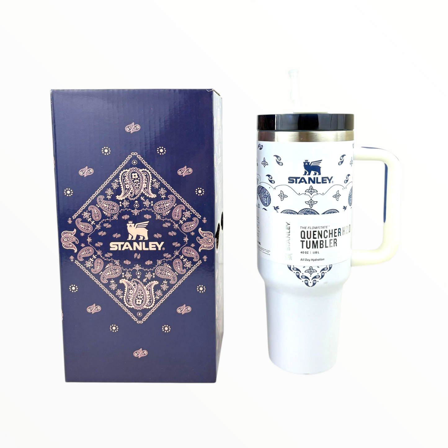 Stanley Quencher White Bandana Edition – 1.2L Stainless Steel Insulated Tumbler with Handle & Straw (Blue Paisley Design)
