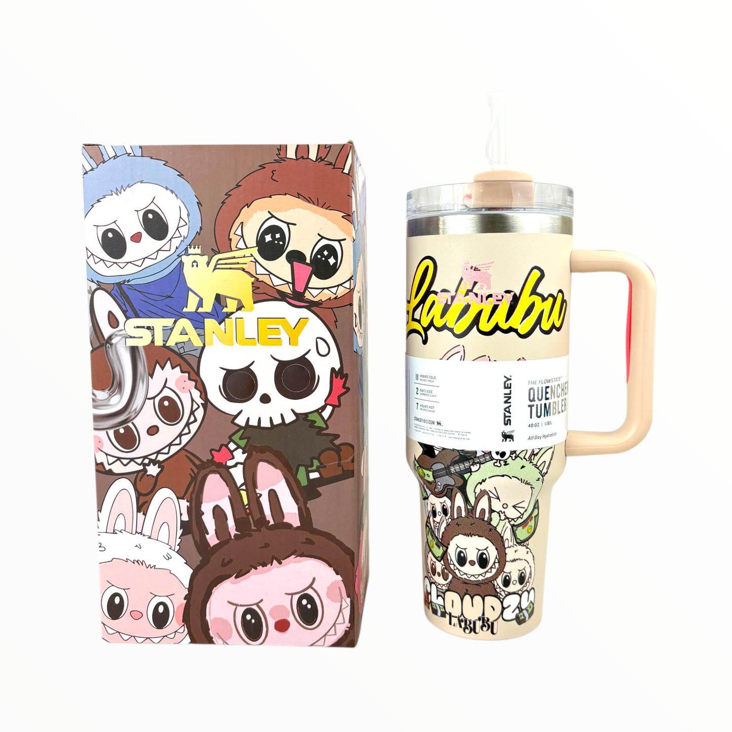 Stanley Quencher Beige la bubu Edition – 1.2L Stainless Steel Insulated Tumbler with Handle & Straw (Cartoon Design)