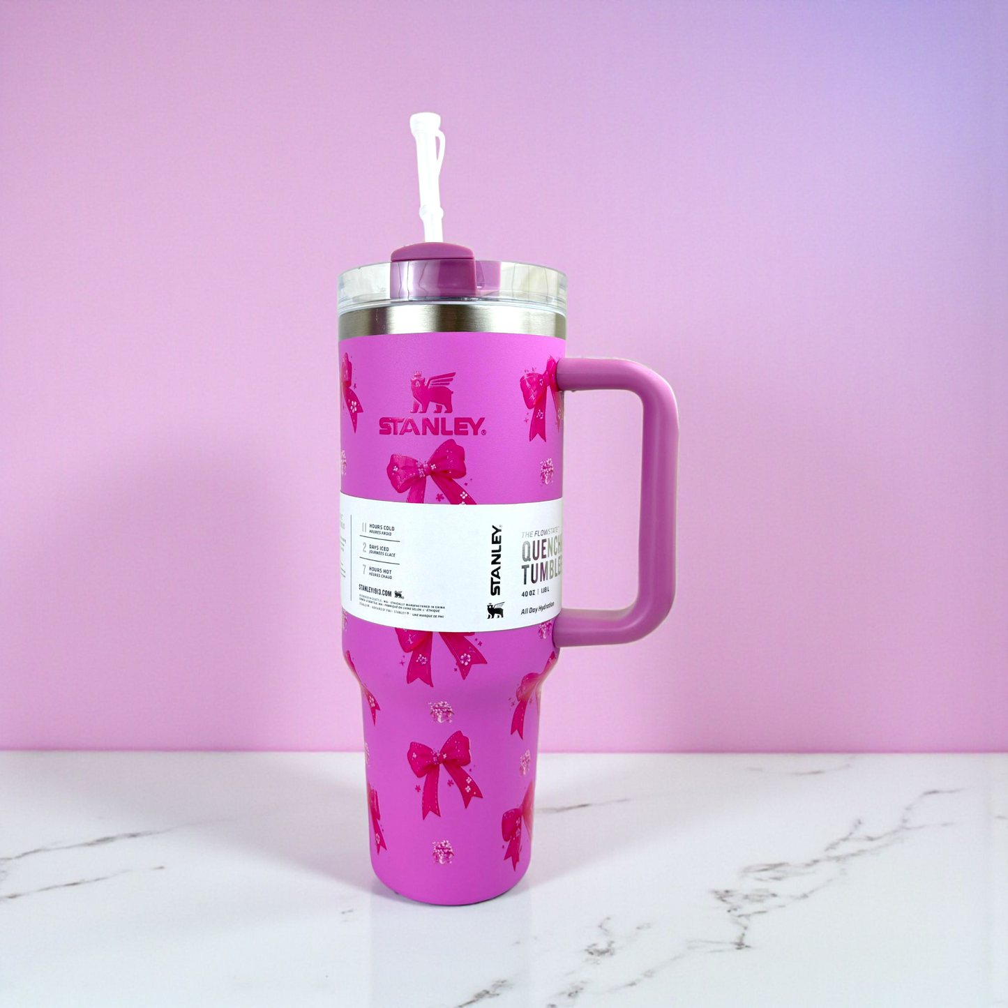 Stanley Quencher Pink Bow Edition – 1.2L Stainless Steel Insulated Tumbler with Handle & Straw (Girly Gift Design)