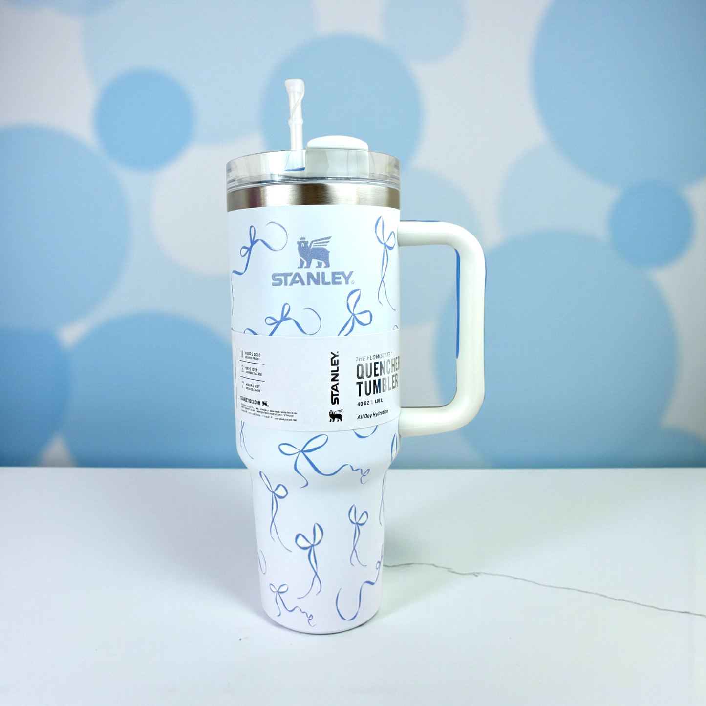 Stanley Quencher White Ribbon Edition – 1.2L Stainless Steel Insulated Tumbler with Handle & Straw (Elegant White Design)