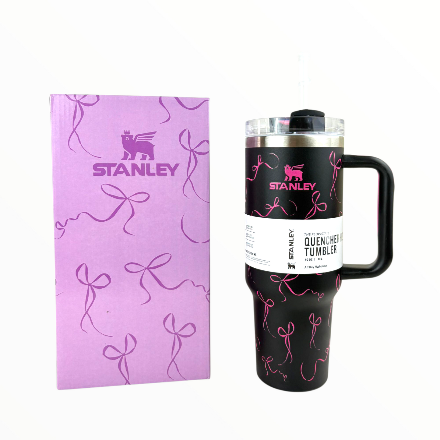 Stanley Quencher Pink Ribbon Edition – 1.2L Stainless Steel Insulated Tumbler with Handle & Straw (Black & Pink Design)