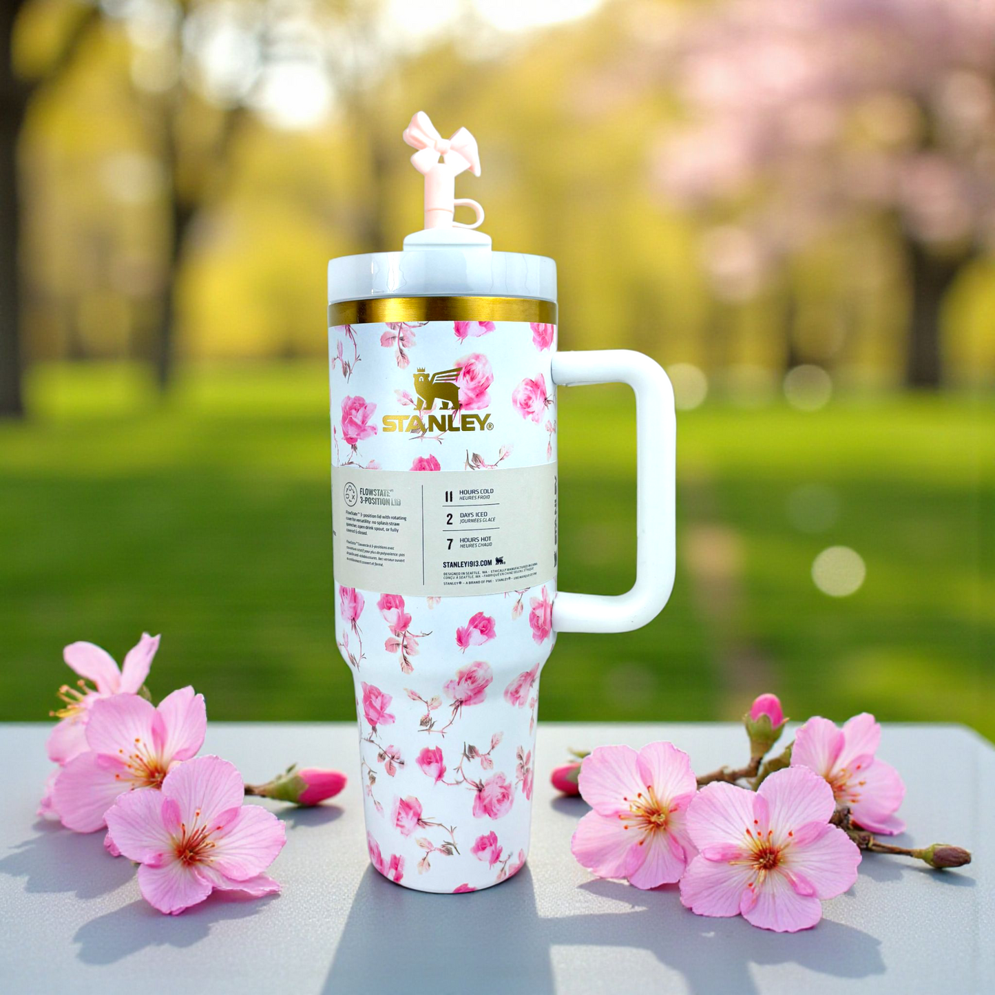 Stanley Quencher Floral Rose Edition – 1.2L Stainless Steel Insulated Tumbler with Handle & Straw (Romantic Flower Design)