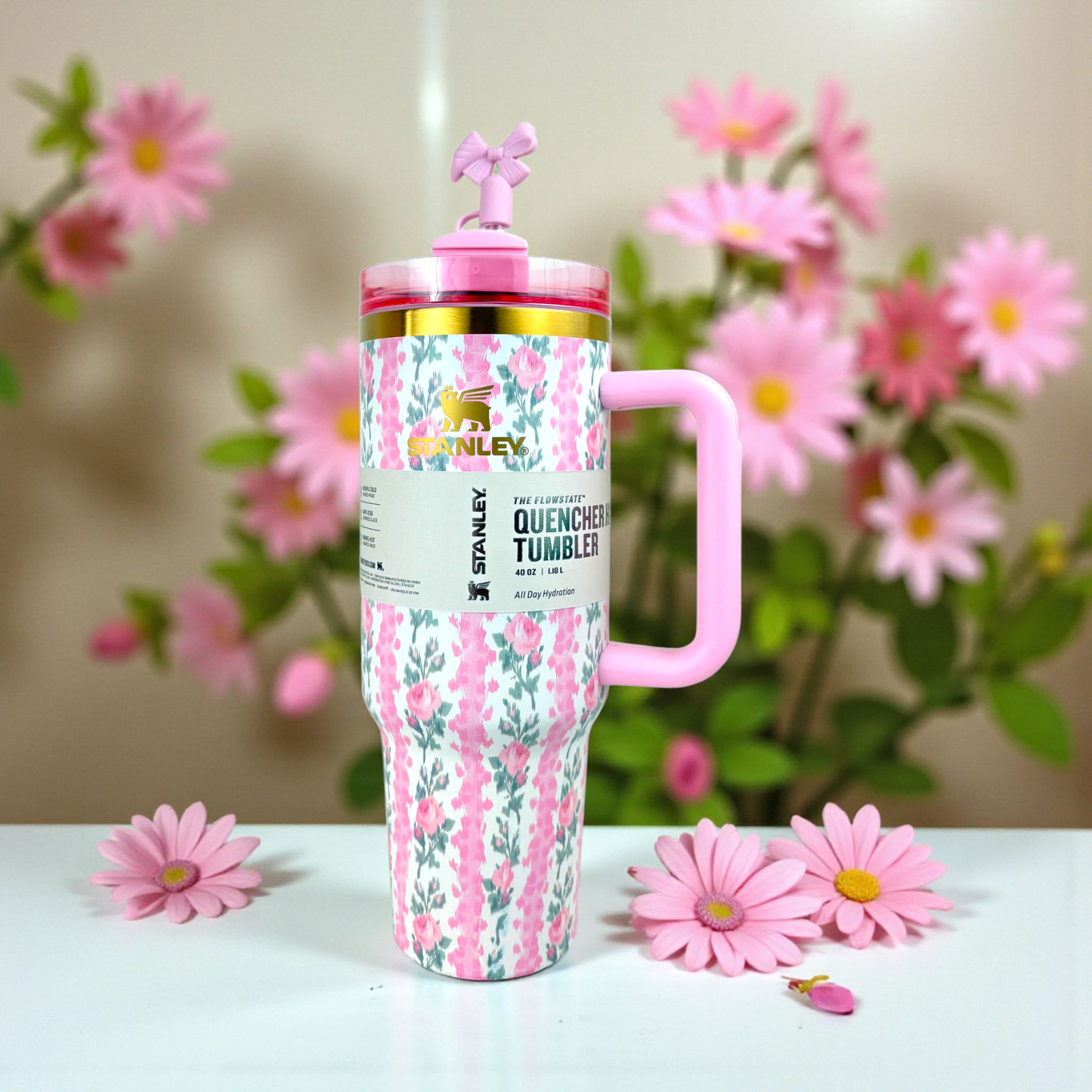 Stanley Quencher Tumbler – 1.2L Floral Pink Stainless Steel Insulated Mug with Handle & Straw