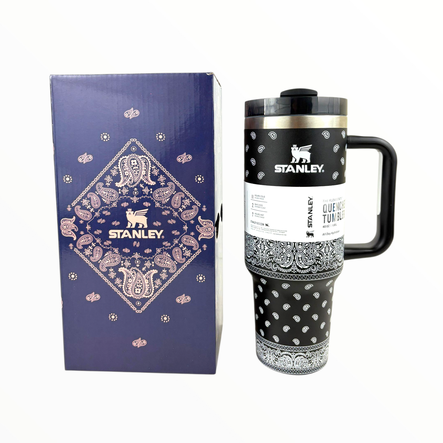 Stanley Quencher Bandana Edition – 1.2L Stainless Steel Insulated Tumbler with Handle & Straw (Black Pattern)