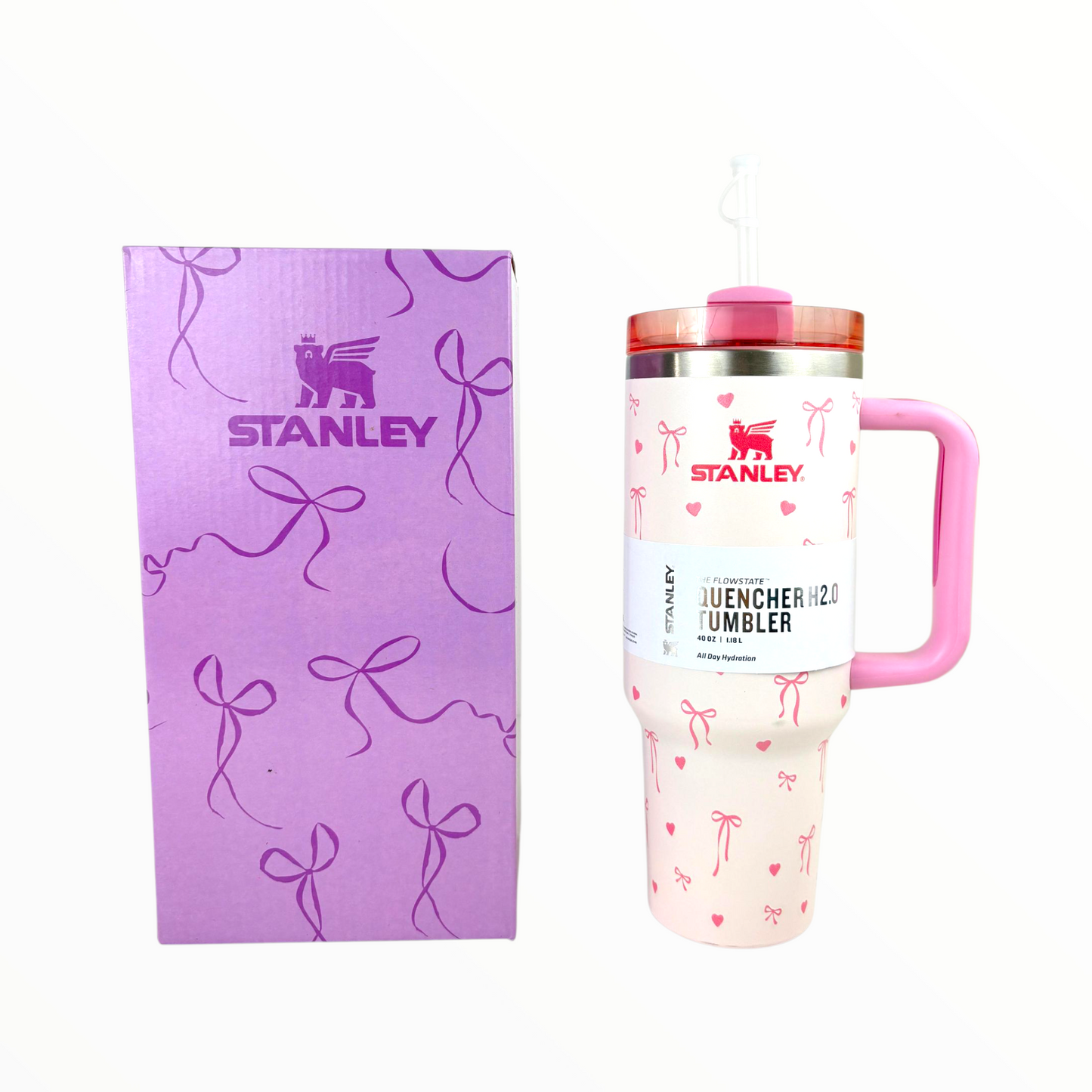 Stanley Quencher Pink Hearts Edition – 1.2L Stainless Steel Insulated Tumbler with Handle & Straw (Romantic Design)
