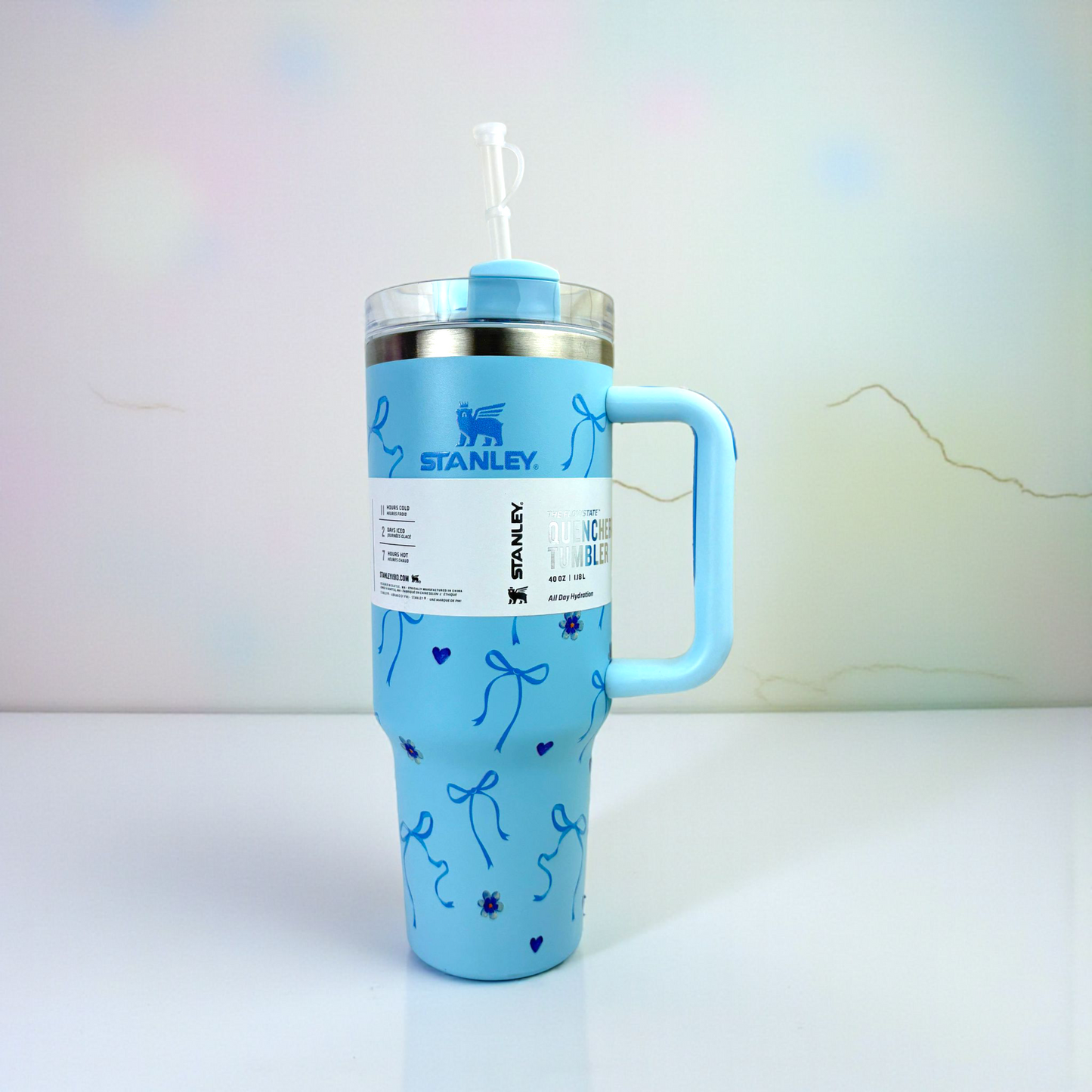 Stanley Quencher Blue Ribbon Edition – 1.2L Stainless Steel Insulated Tumbler with Handle & Straw (Cute Bow Design)