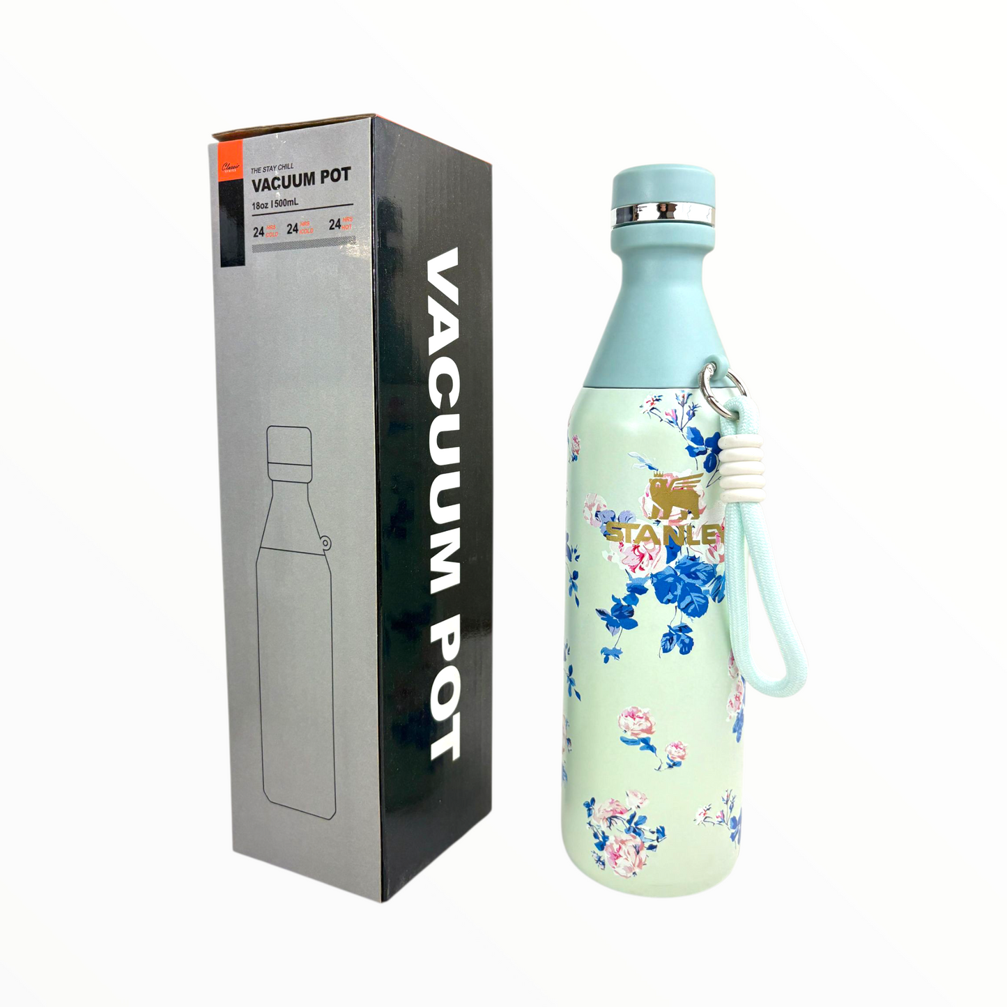 Stanley Floral Mint Vacuum Bottle – 500ml Stainless Steel Insulated Water Bottle with Strap & Blue Flower Print