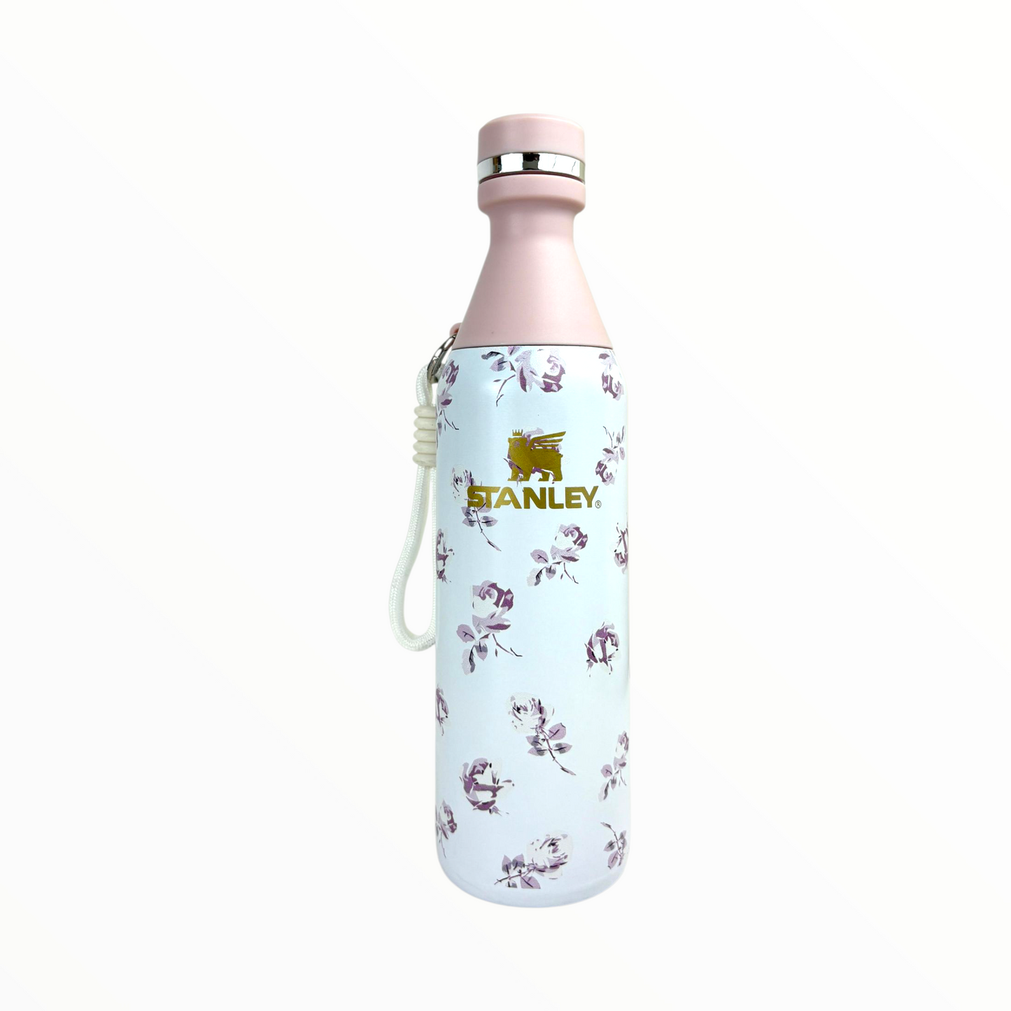 Stanley Floral Vacuum Bottle – 500ml Stainless Steel Insulated Water Bottle with Pink Lid & Handle Strap