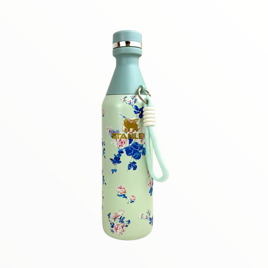 Stanley Floral Mint Vacuum Bottle – 500ml Stainless Steel Insulated Water Bottle with Strap & Blue Flower Print