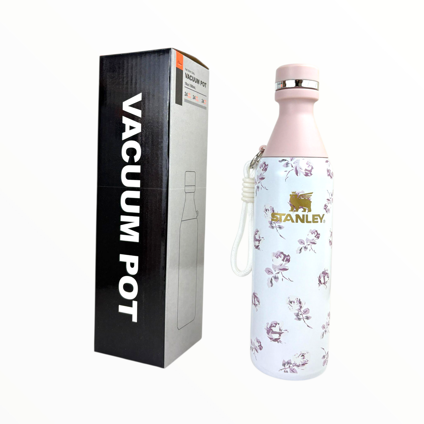 Stanley Floral Vacuum Bottle – 500ml Stainless Steel Insulated Water Bottle with Pink Lid & Handle Strap