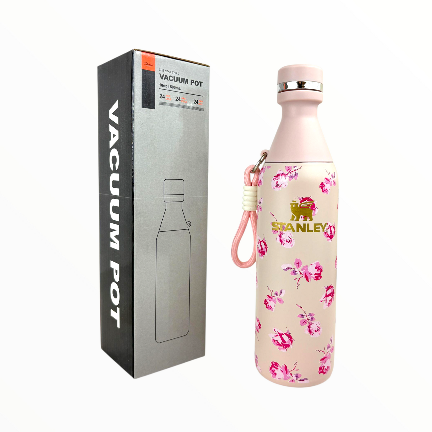 Stanley Pink Floral Vacuum Bottle – 500ml Stainless Steel Insulated Water Bottle with Handle Strap