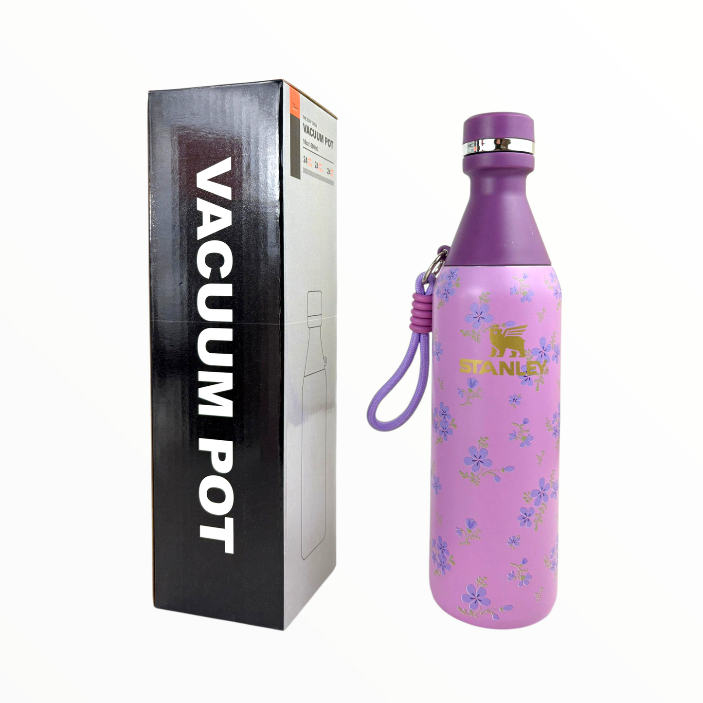 Stanley Purple Floral Vacuum Bottle – 500ml Stainless Steel Insulated Water Bottle with Carry Strap