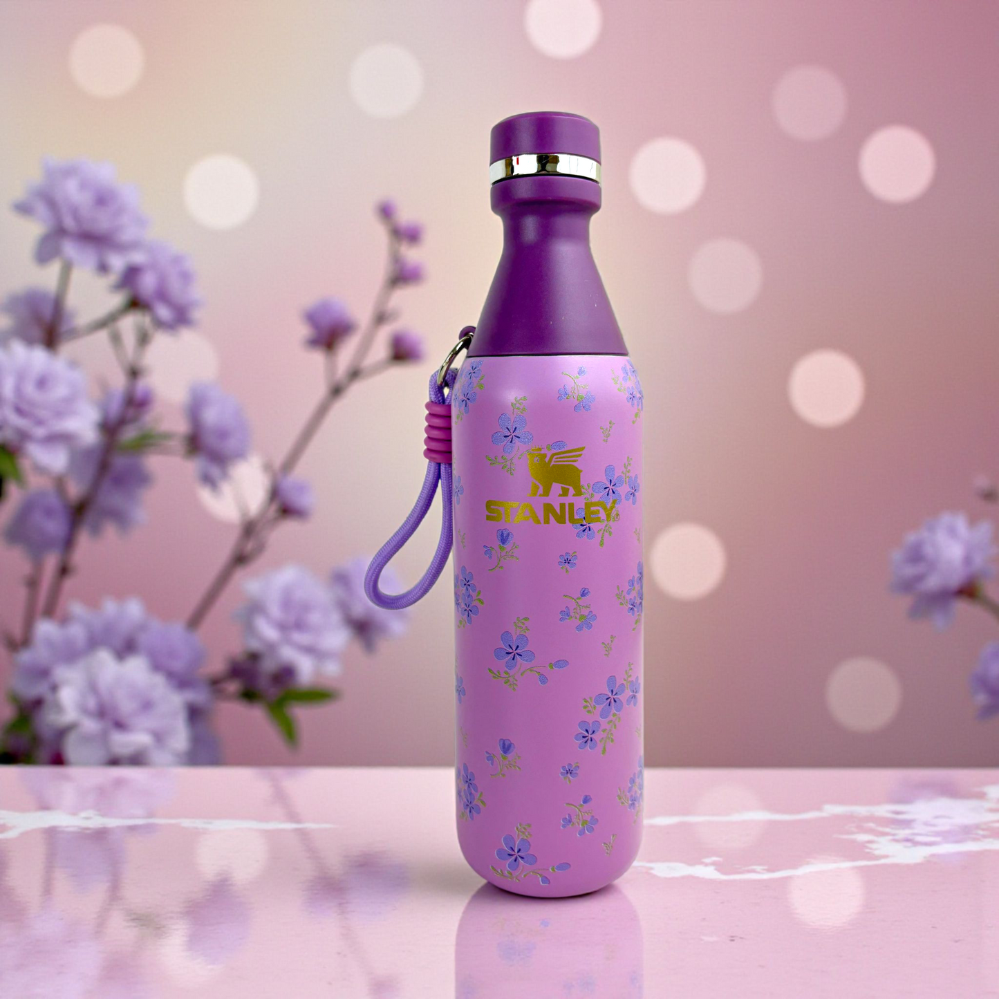 Stanley Purple Floral Vacuum Bottle – 500ml Stainless Steel Insulated Water Bottle with Carry Strap