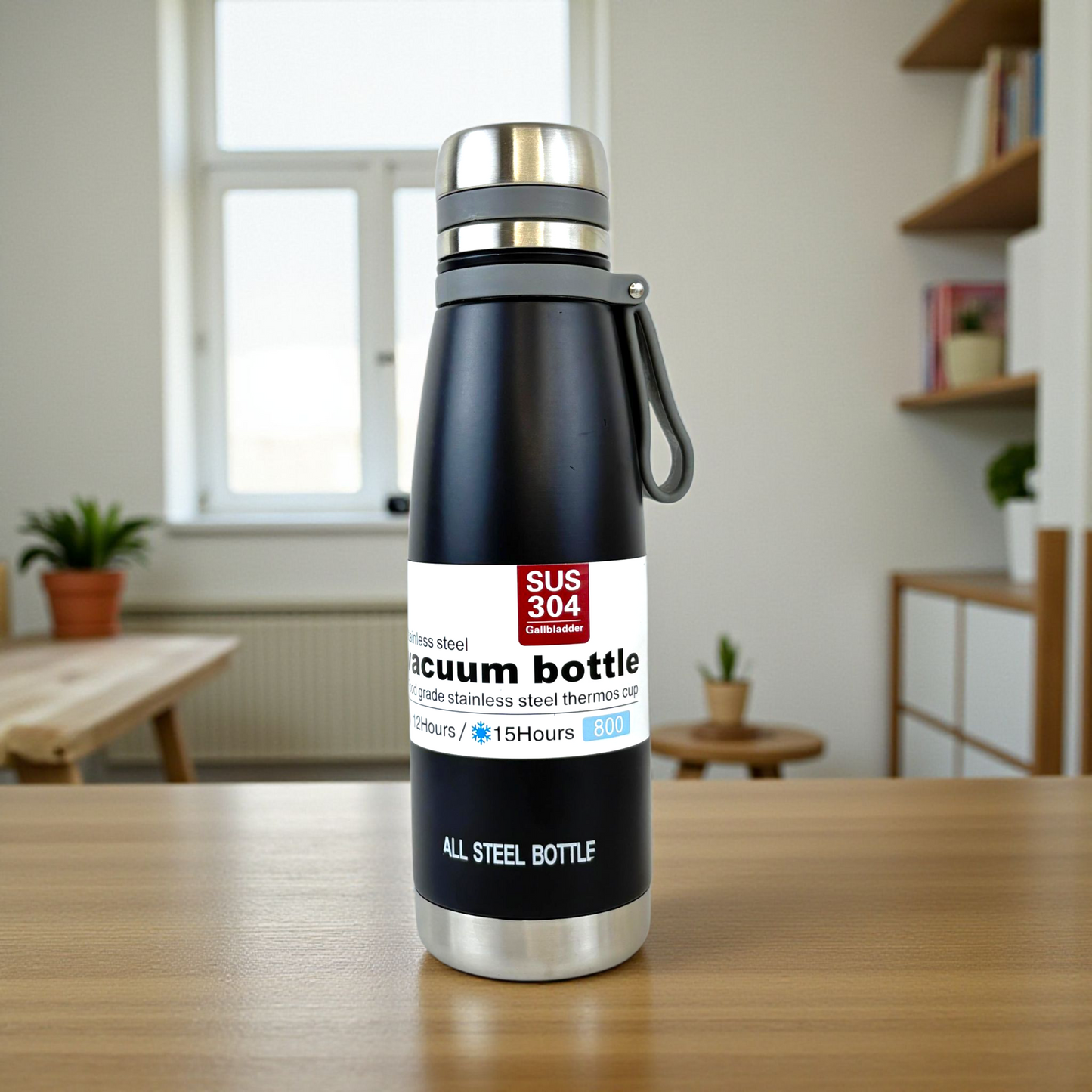 Black Stainless Steel Thermos Bottle – 800ml Vacuum Insulated Hot & Cold Water Flask