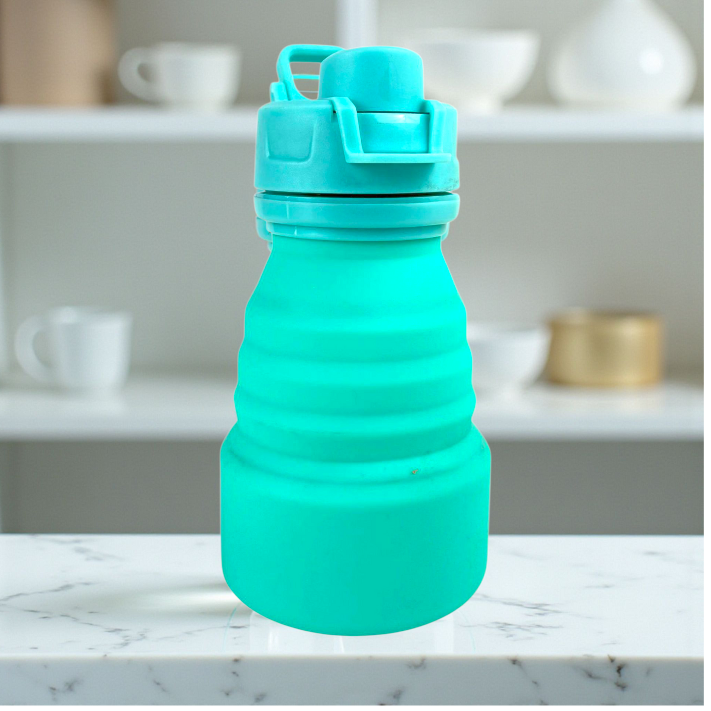 Foldable Silicone Water Bottle – 500ml Collapsible Travel Bottle with Leak-Proof Lid (Turquoise)