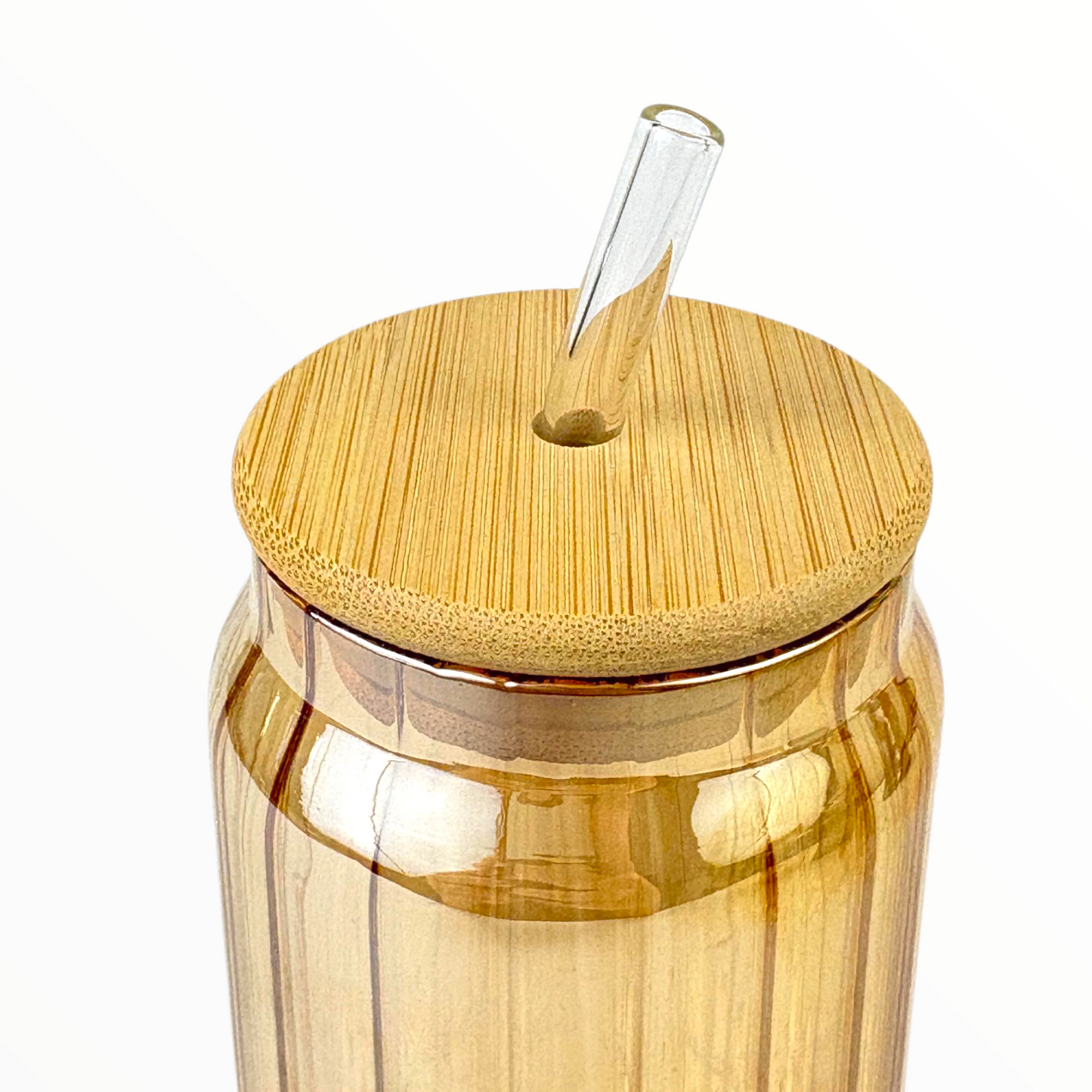 Amber Glass Cup with Bamboo Lid & Glass Straw – Eco-Friendly Iced Coffee Cup