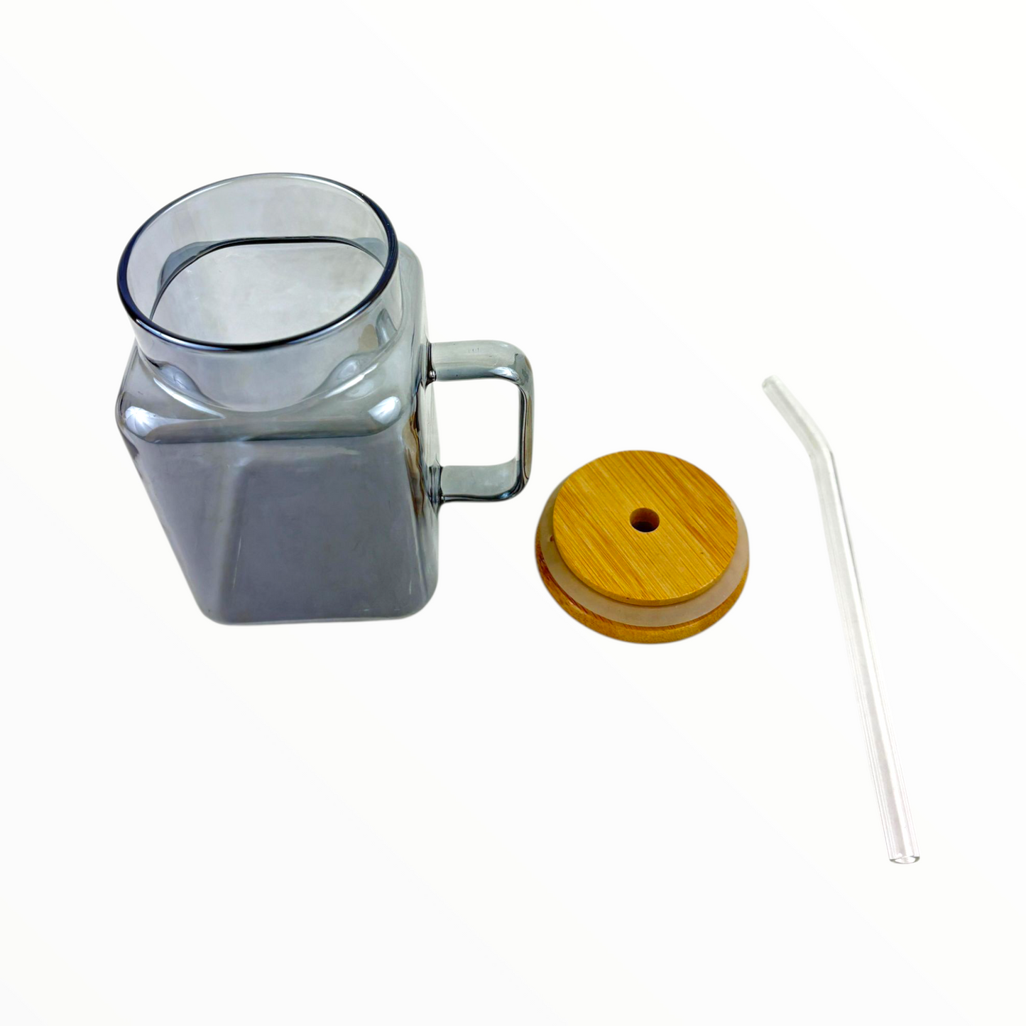 Gray Glass Mug with Bamboo Lid & Straw – Modern Reusable Iced Coffee Cup with Handle