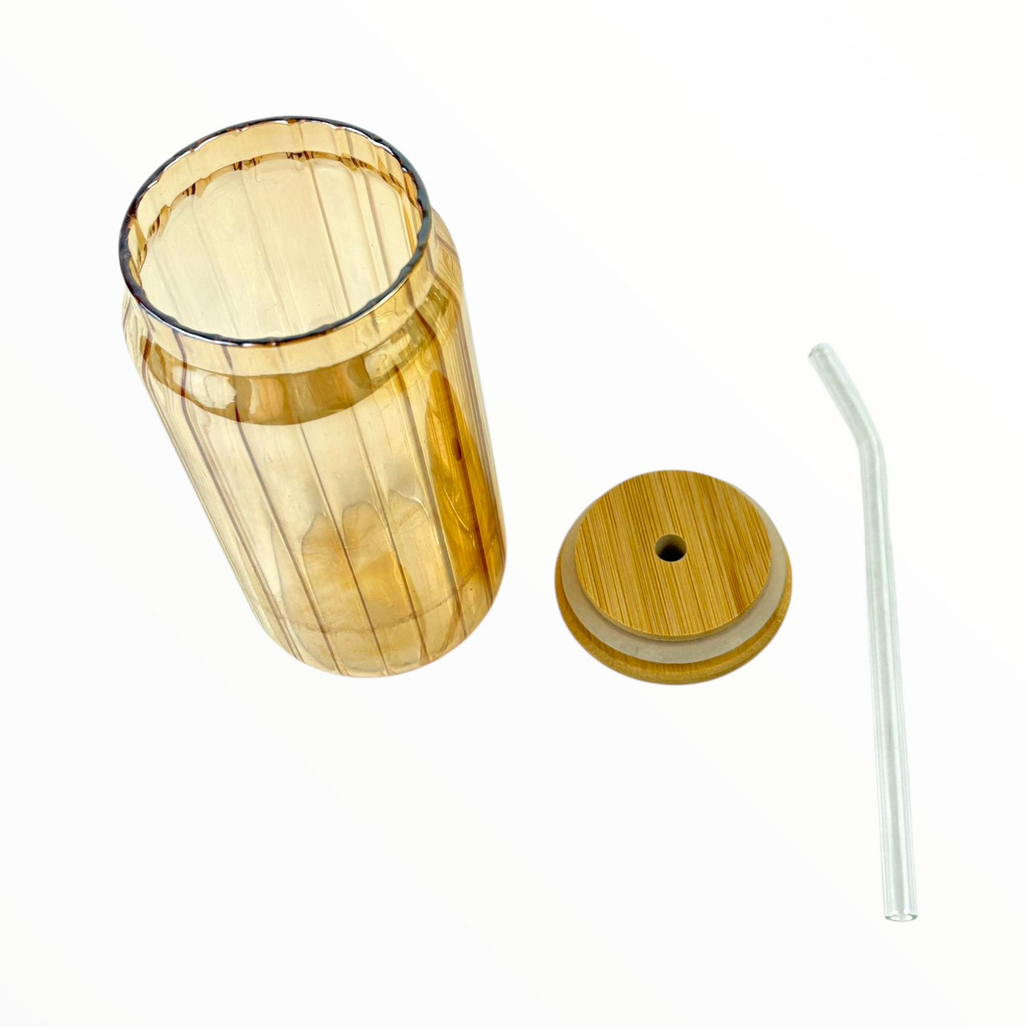 Amber Glass Cup with Bamboo Lid & Glass Straw – Eco-Friendly Iced Coffee Cup