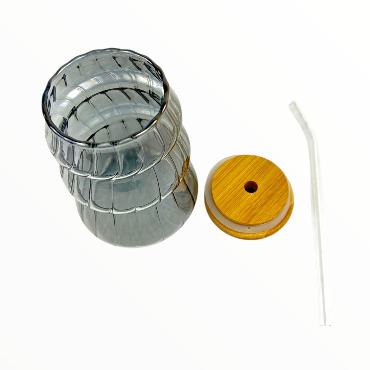 Gray Ripple Glass Cup with Bamboo Lid & Straw – Modern Wavy Iced Coffee Cup