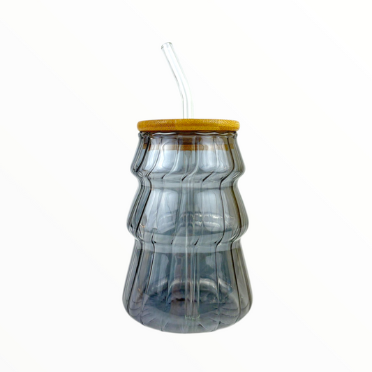 Gray Ripple Glass Cup with Bamboo Lid & Straw – Modern Wavy Iced Coffee Cup