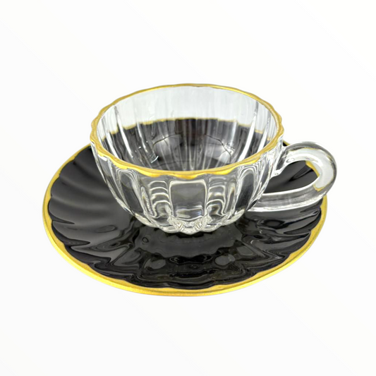 Clear Glass Coffee Cup with Black Saucer – Gold Rim Elegant Espresso Set 12pcs