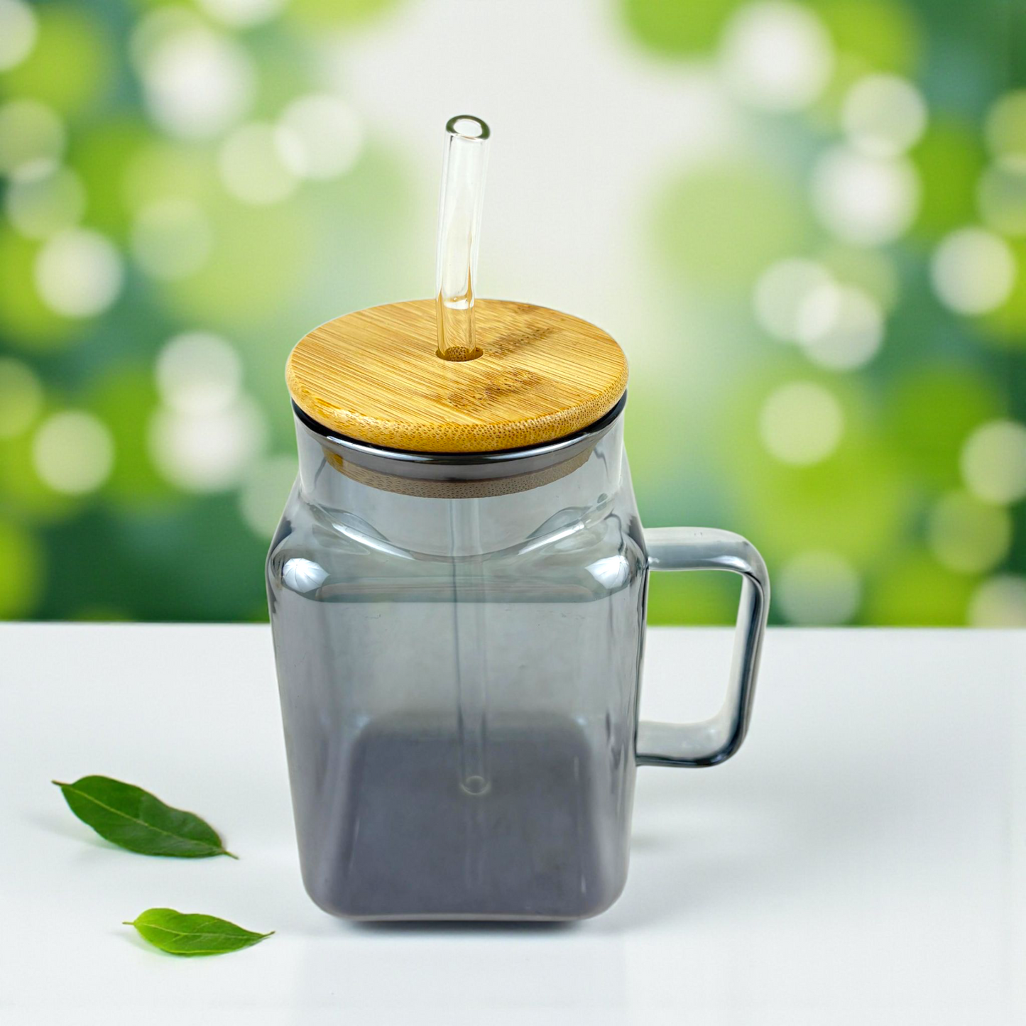 Gray Glass Mug with Bamboo Lid & Straw – Modern Reusable Iced Coffee Cup with Handle
