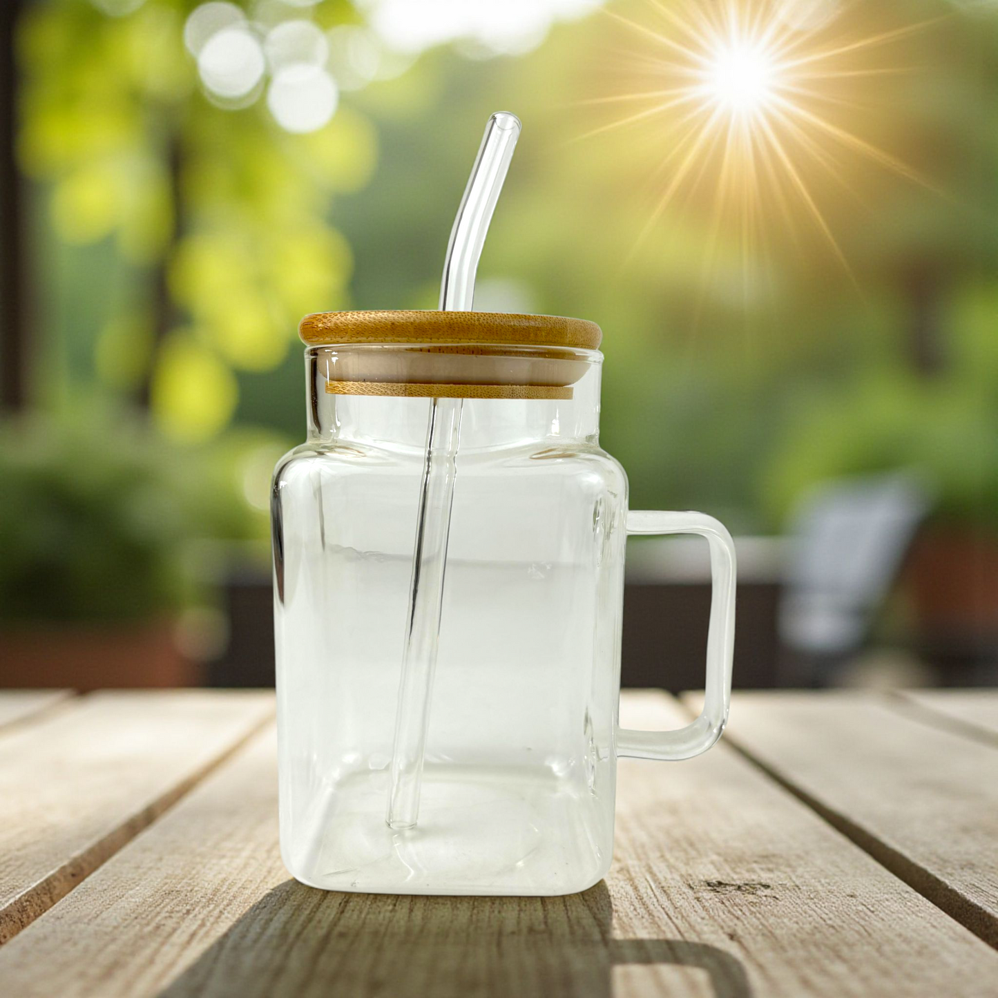 Clear Glass Mug with Bamboo Lid & Straw – Square Iced Coffee Cup with Handle