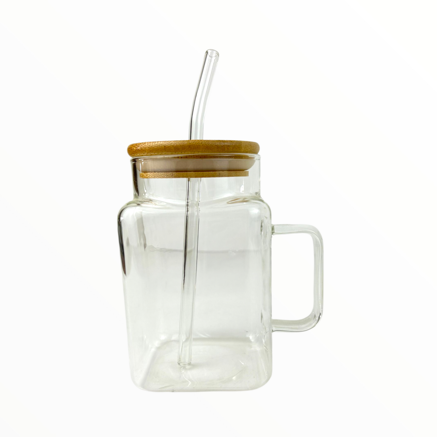 Clear Glass Mug with Bamboo Lid & Straw – Square Iced Coffee Cup with Handle