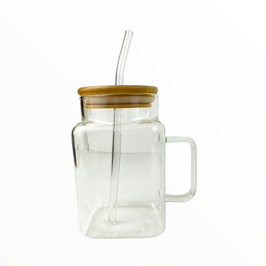 Clear Glass Mug with Bamboo Lid & Straw – Square Iced Coffee Cup with Handle