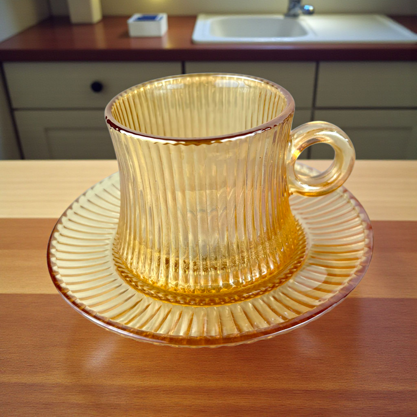 Amber Ribbed Glass Cup with Saucer – Elegant Transparent Tea & Coffee Set 12pcs